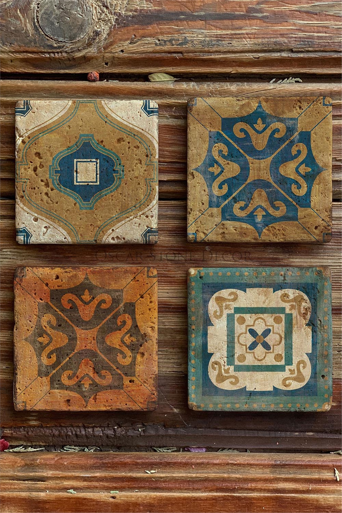 Oscar Stone Decor Baskılı Doğaltaş Bardak Altlığı 4'lü Set Desen Tile