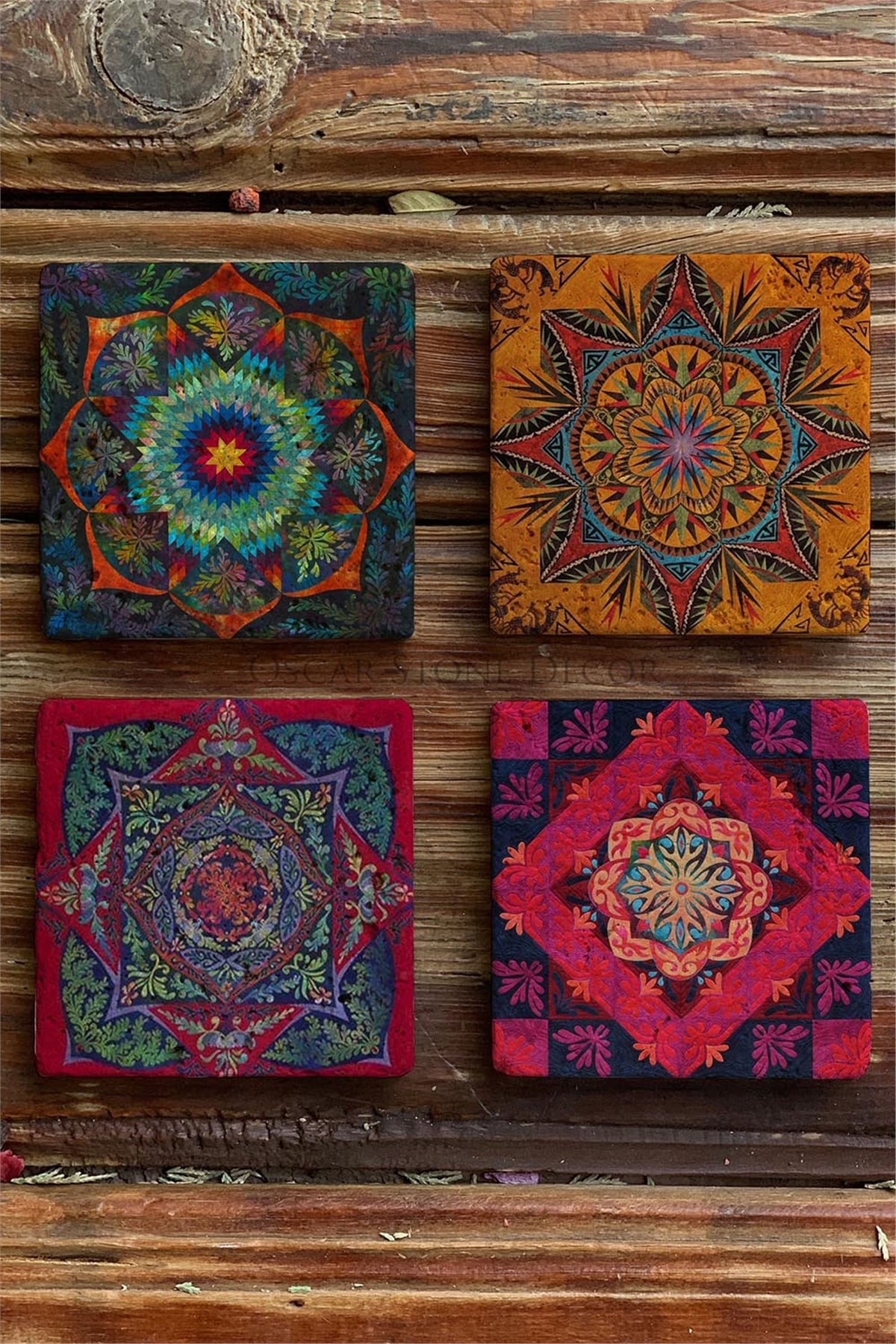 Oscar Stone Decor Baskılı Doğaltaş Bardak Altlığı 4'lü Set Desen Tile