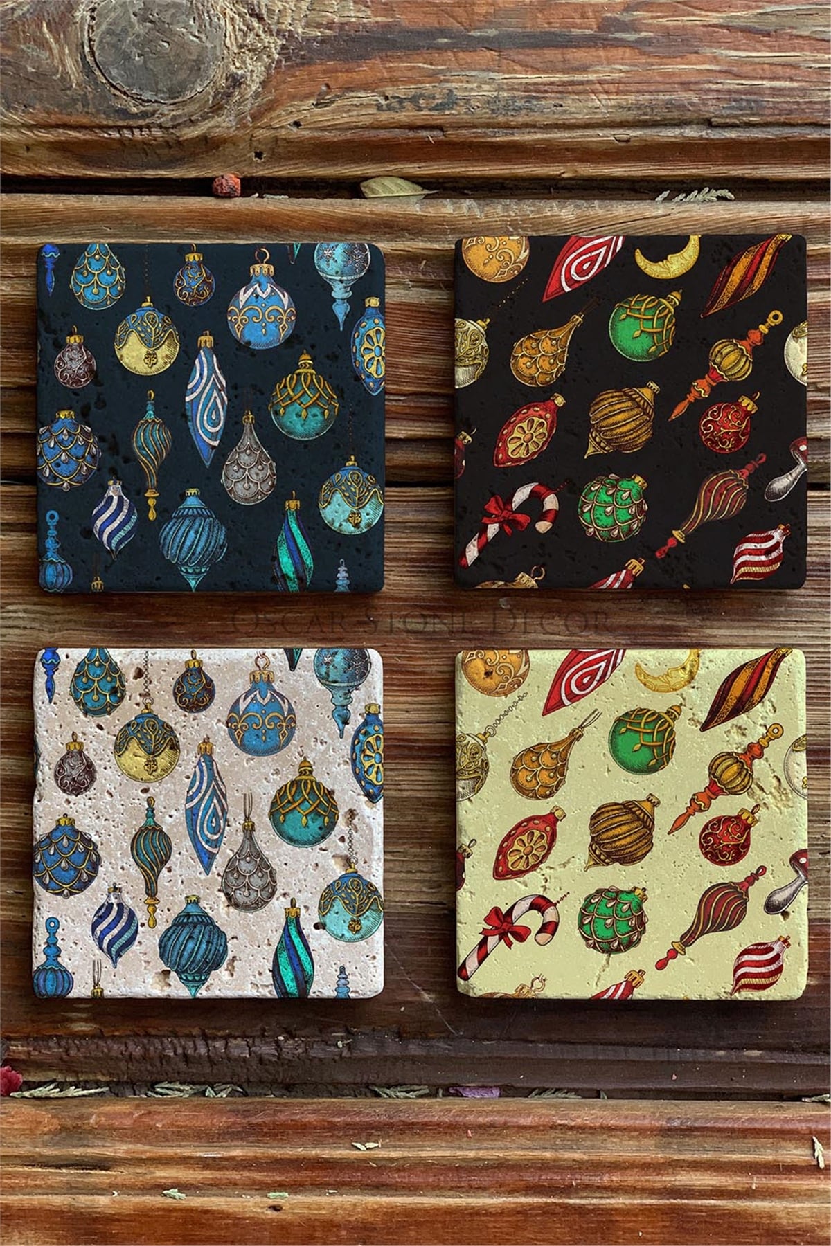 Oscar Stone Decor Baskılı Doğaltaş Bardak Altlığı 4'lü Set Desen Tile