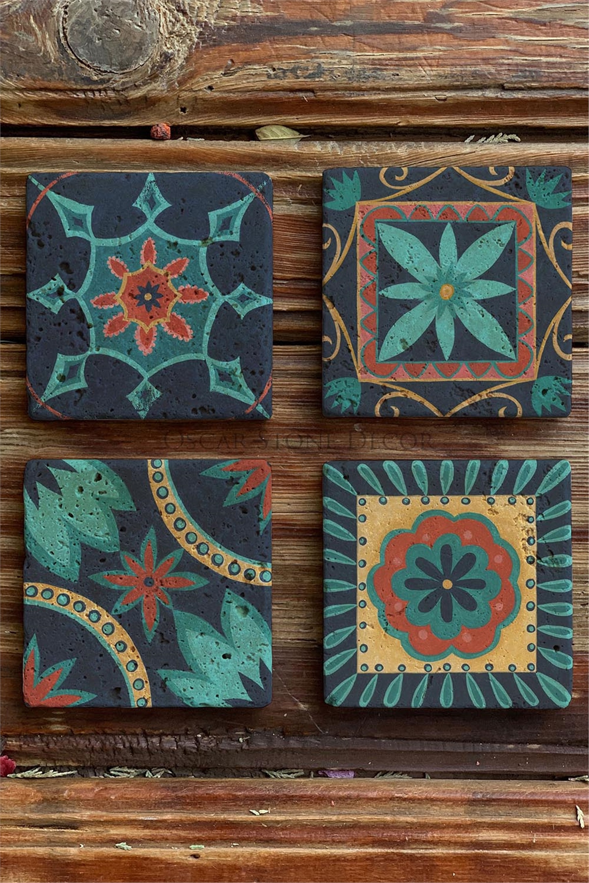 Oscar Stone Decor Baskılı Doğaltaş Bardak Altlığı 4'lü Set Desen Tile