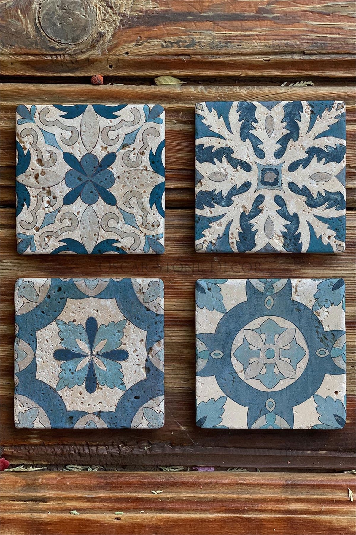 Oscar Stone Decor Baskılı Doğaltaş Bardak Altlığı 4'lü Set Desen Tile