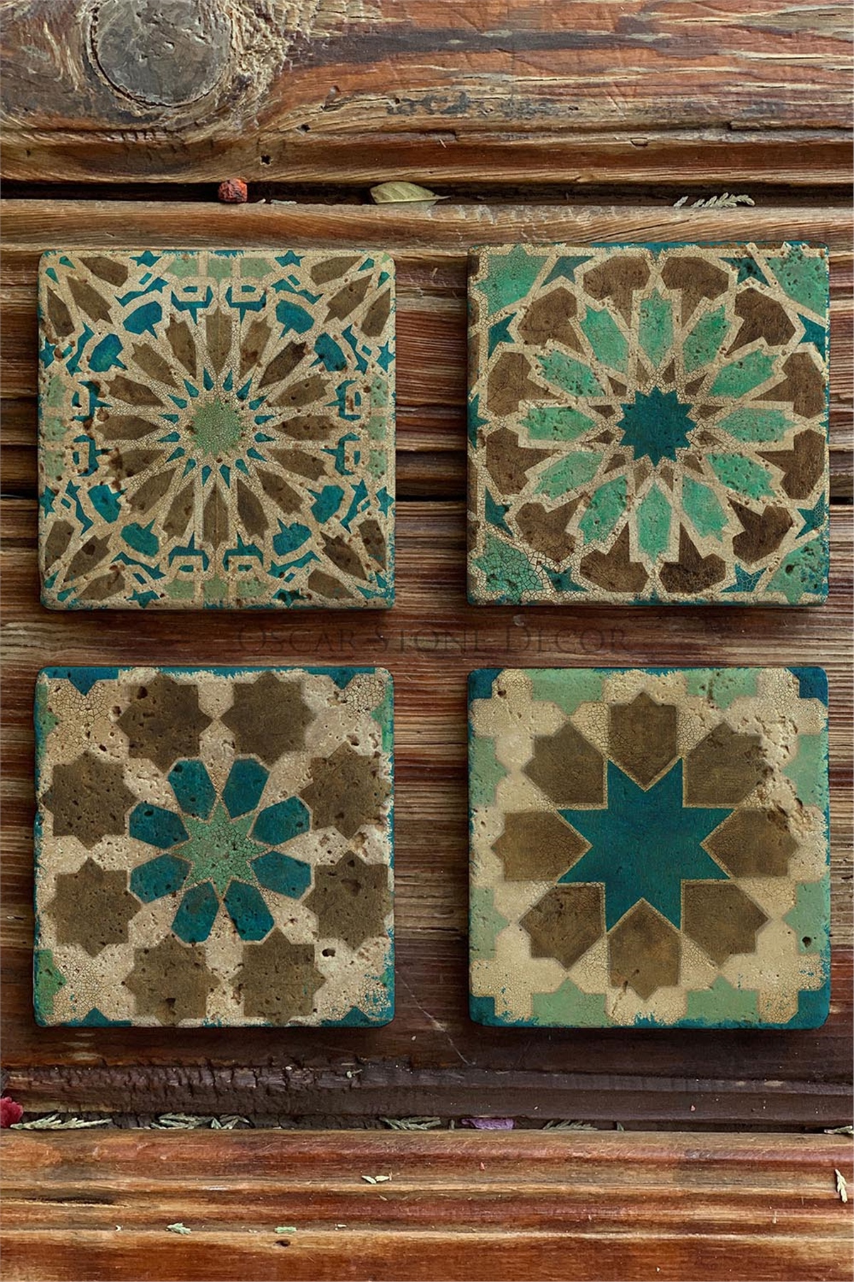 Oscar Stone Decor Baskılı Doğaltaş Bardak Altlığı 4'lü Set Desen Tile