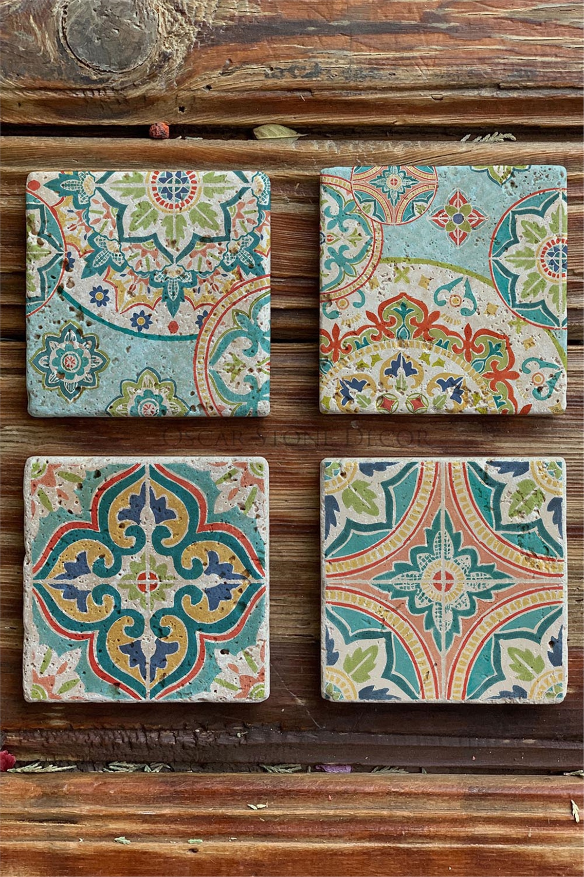 Oscar Stone Decor Baskılı Doğaltaş Bardak Altlığı 4'lü Set Desen Tile