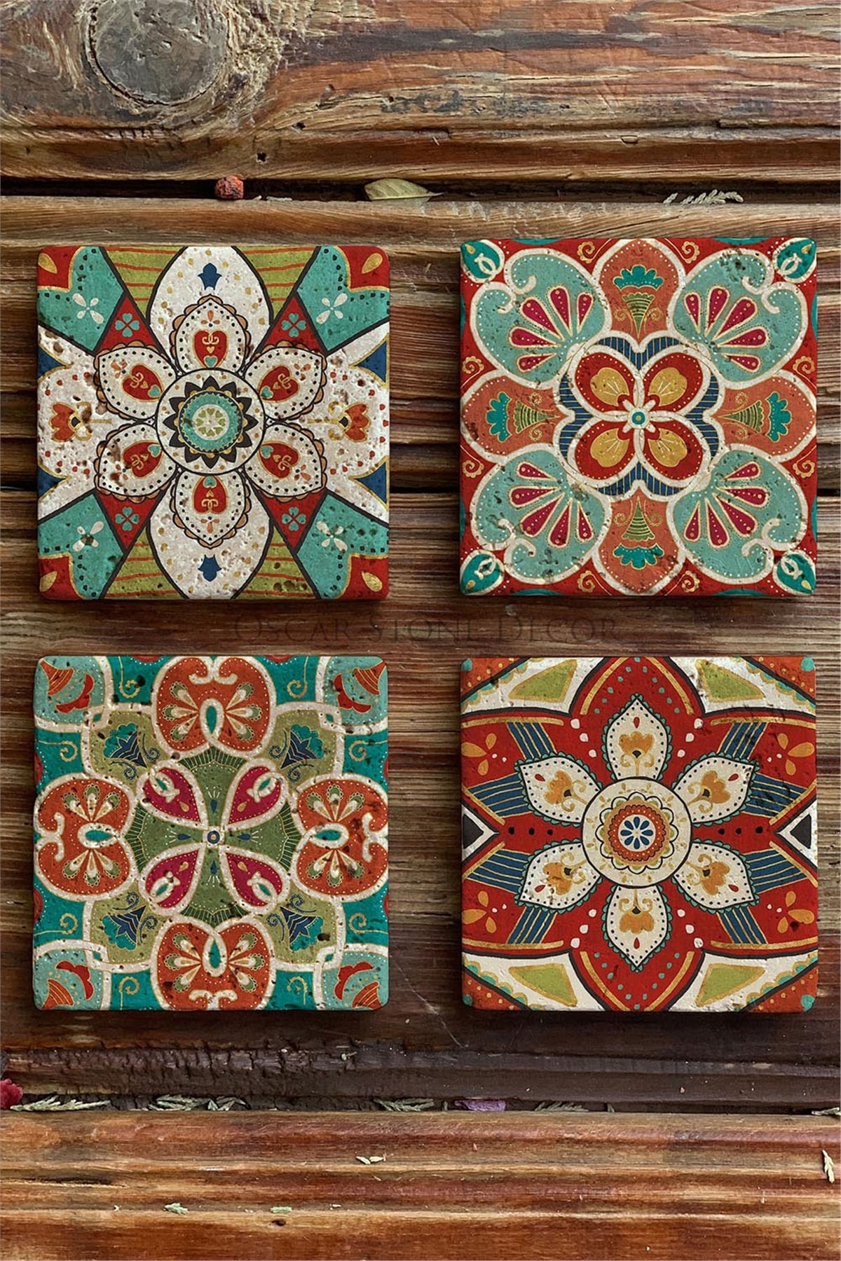 Oscar Stone Decor Baskılı Doğaltaş Bardak Altlığı 4'lü Set Desen Tile