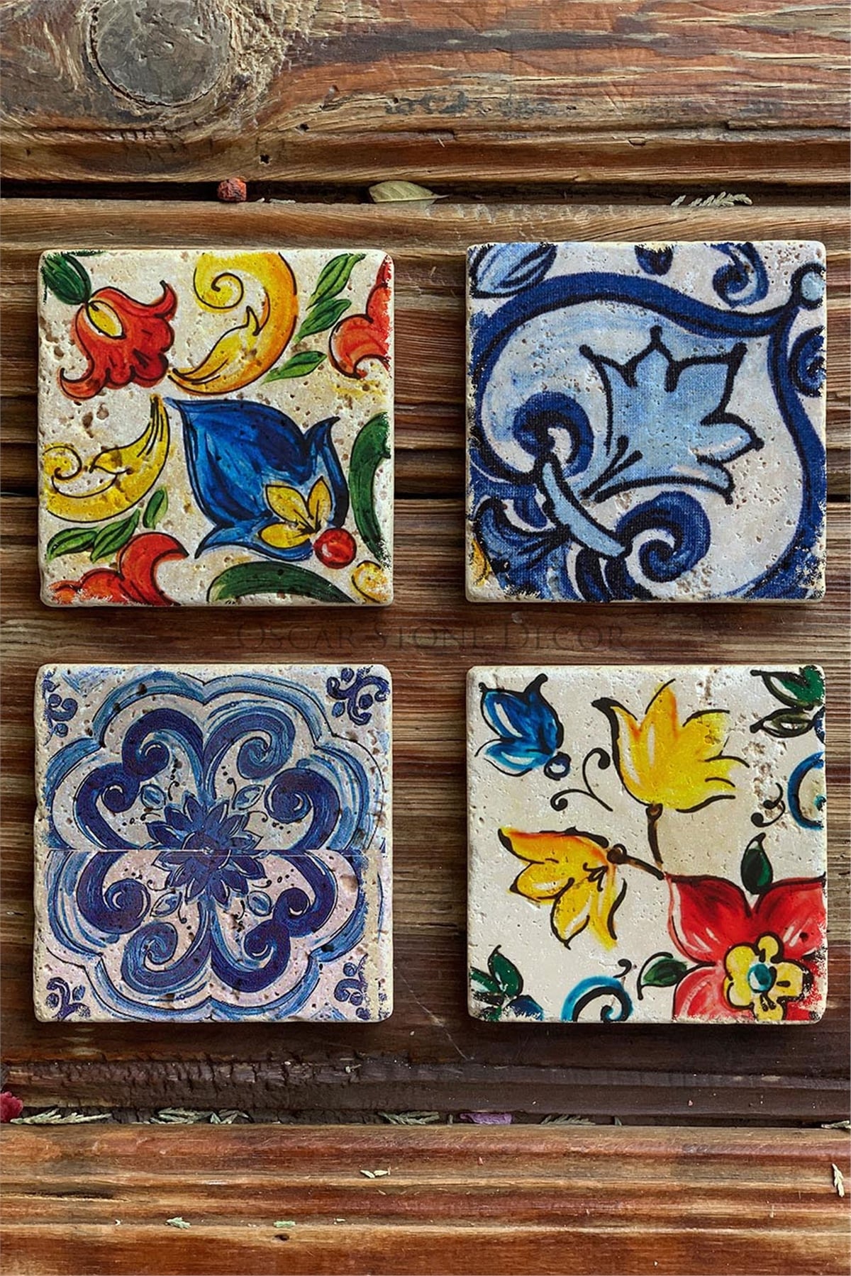 Oscar Stone Decor Baskılı Doğaltaş Bardak Altlığı 4'lü Set  Desen Tile