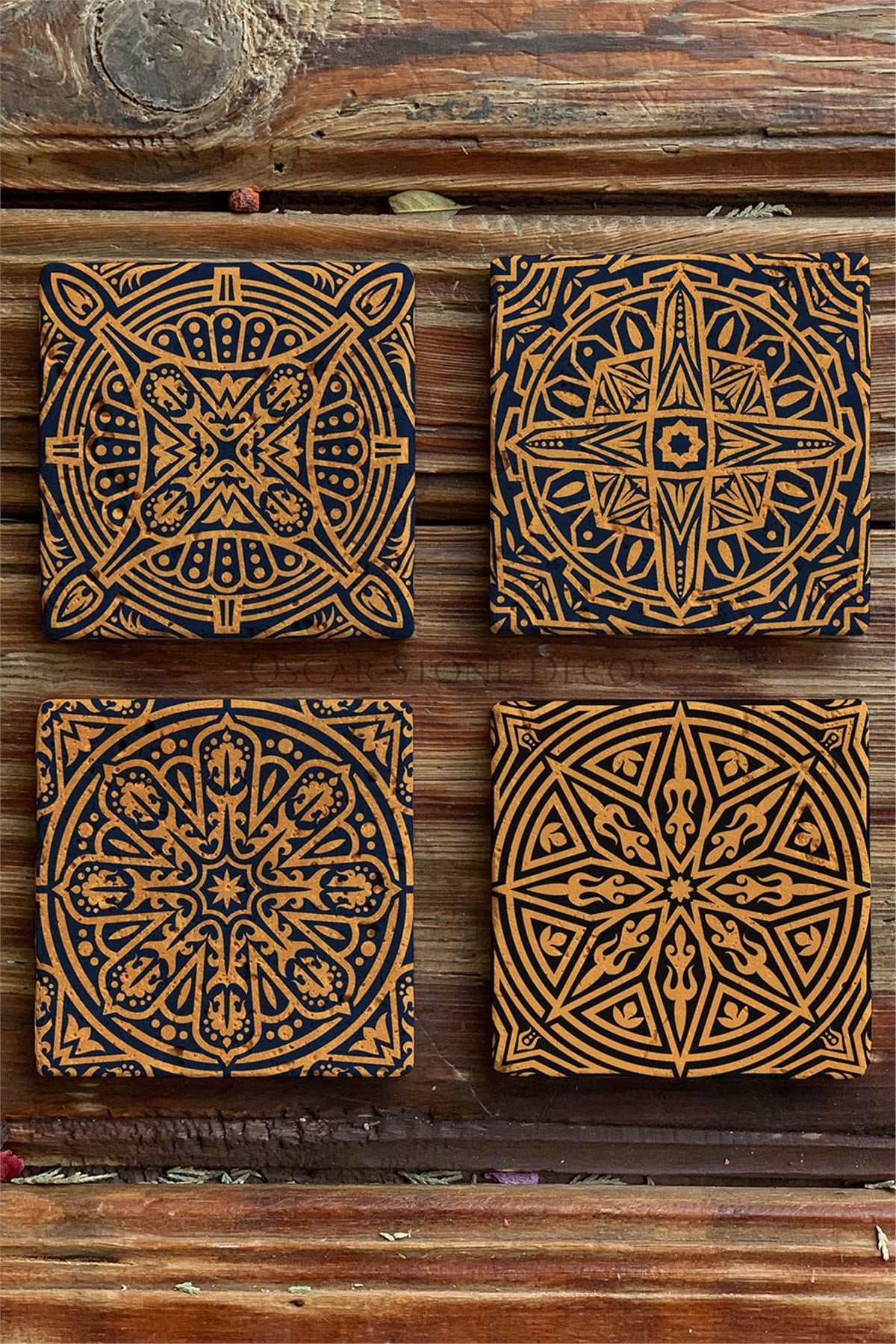 Oscar Stone Decor Baskılı Doğaltaş Bardak Altlığı 4'lü Set Desen Tile