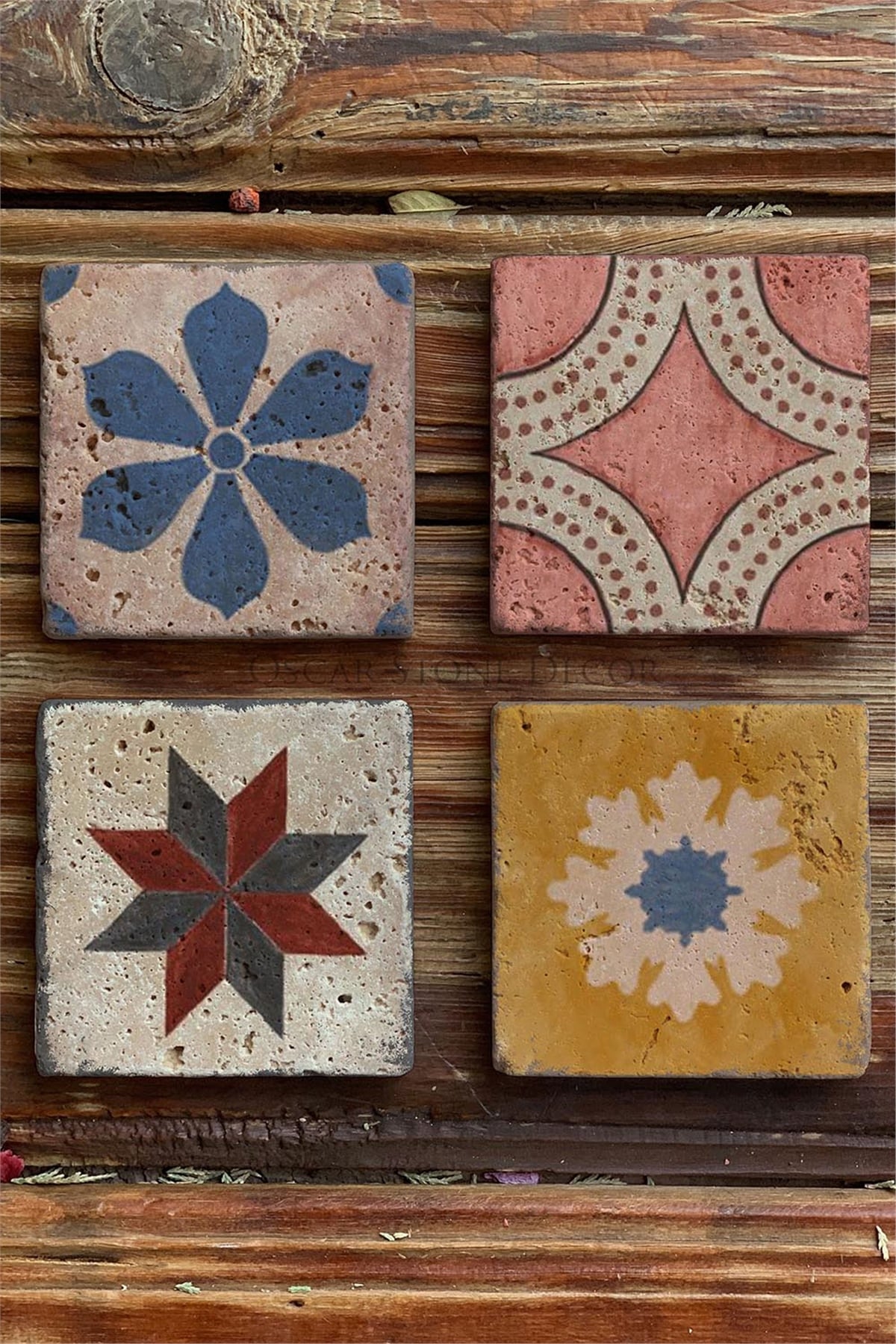 Oscar Stone Decor Baskılı Doğaltaş Bardak Altlığı 4'lü Set Desen Tile