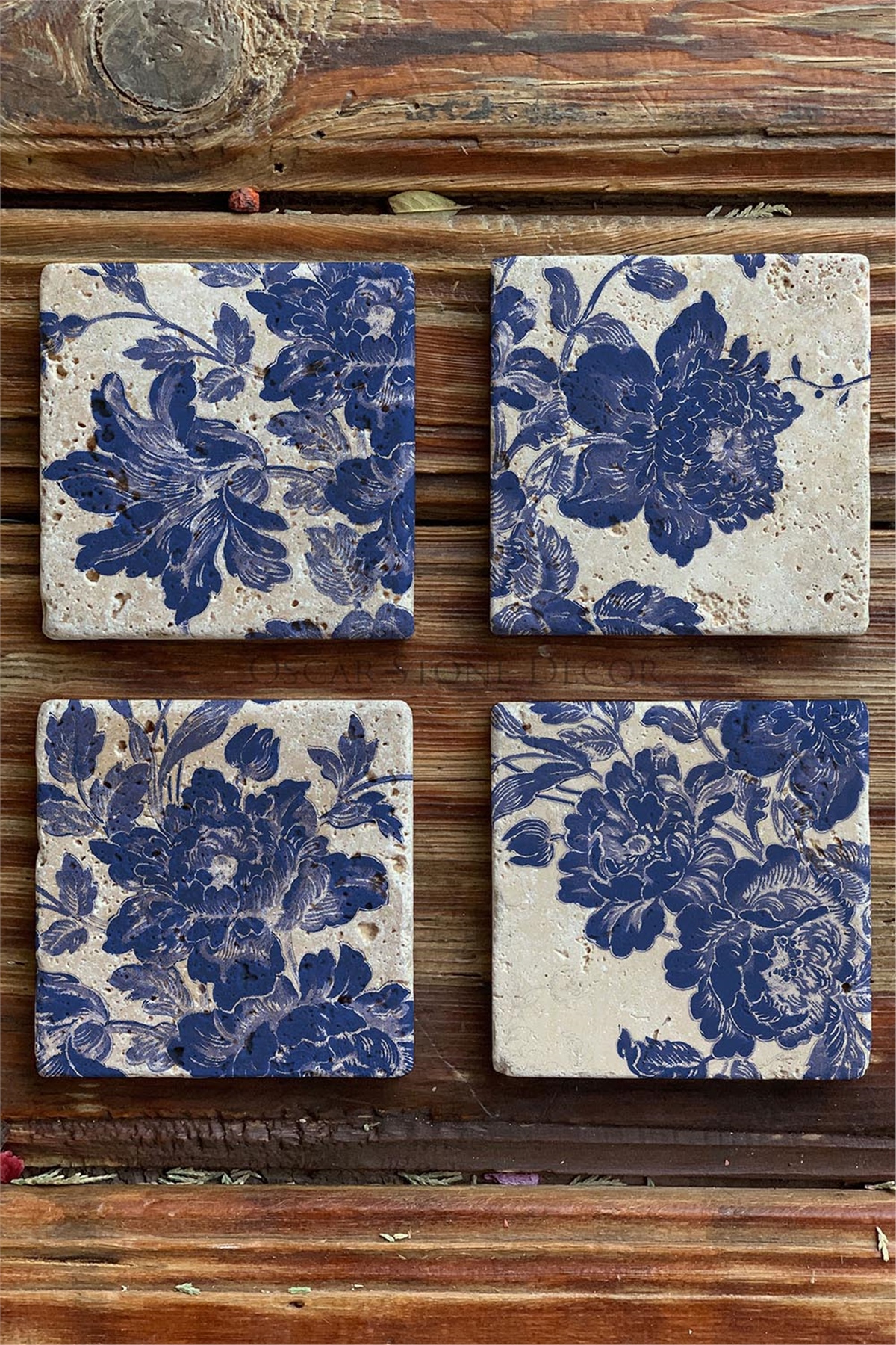 Oscar Stone Decor Baskılı Doğaltaş Bardak Altlığı 4'lü Set Desen Tile