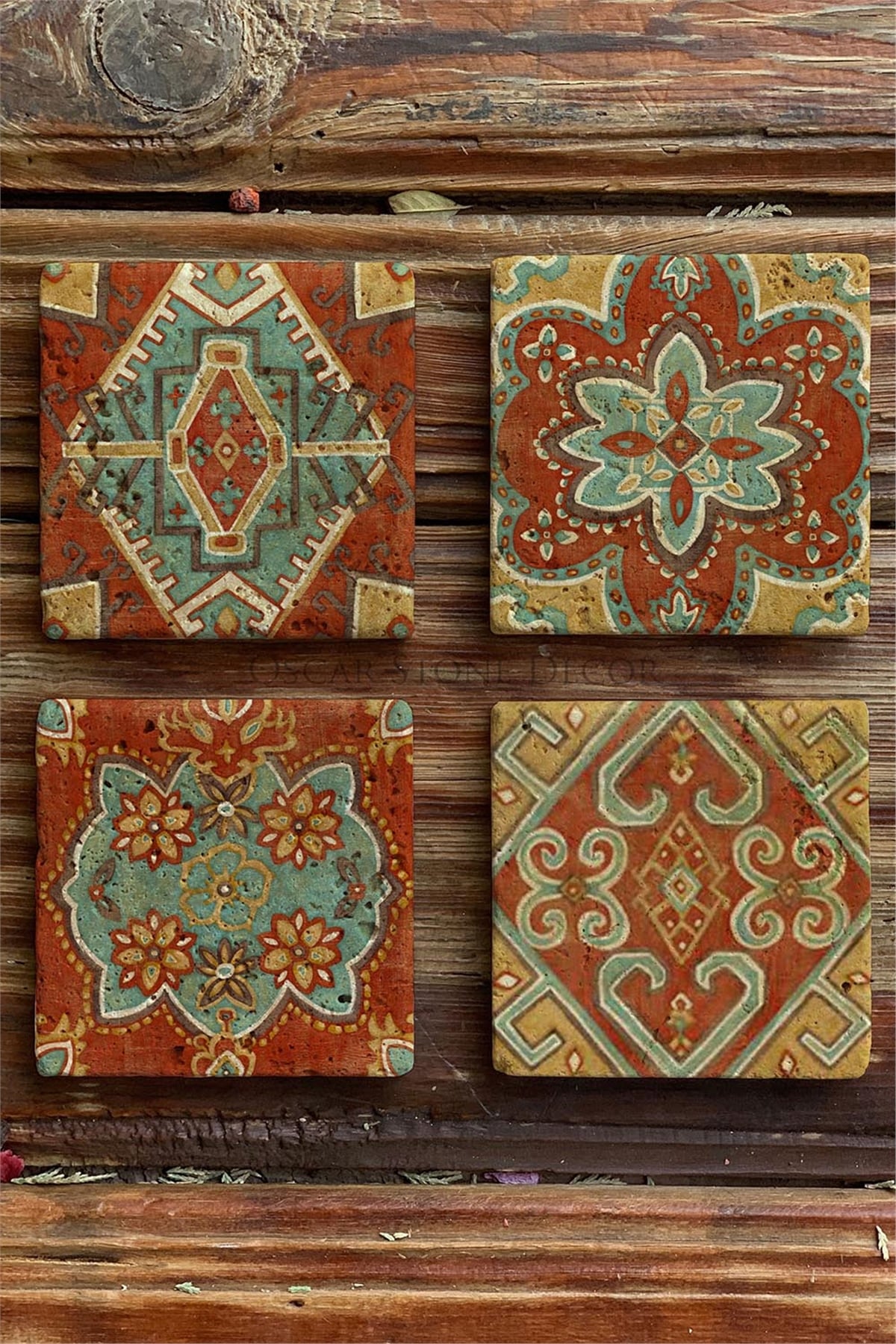 Oscar Stone Decor Baskılı Doğaltaş Bardak Altlığı 4'lü Set Desen Tile