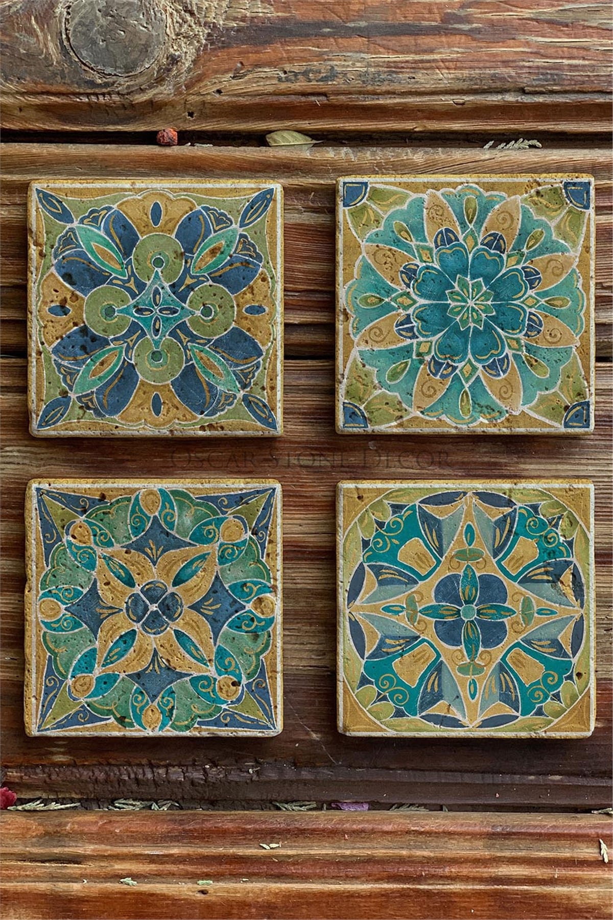 Oscar Stone Decor Baskılı Doğaltaş Bardak Altlığı 4'lü Set Desen Tile