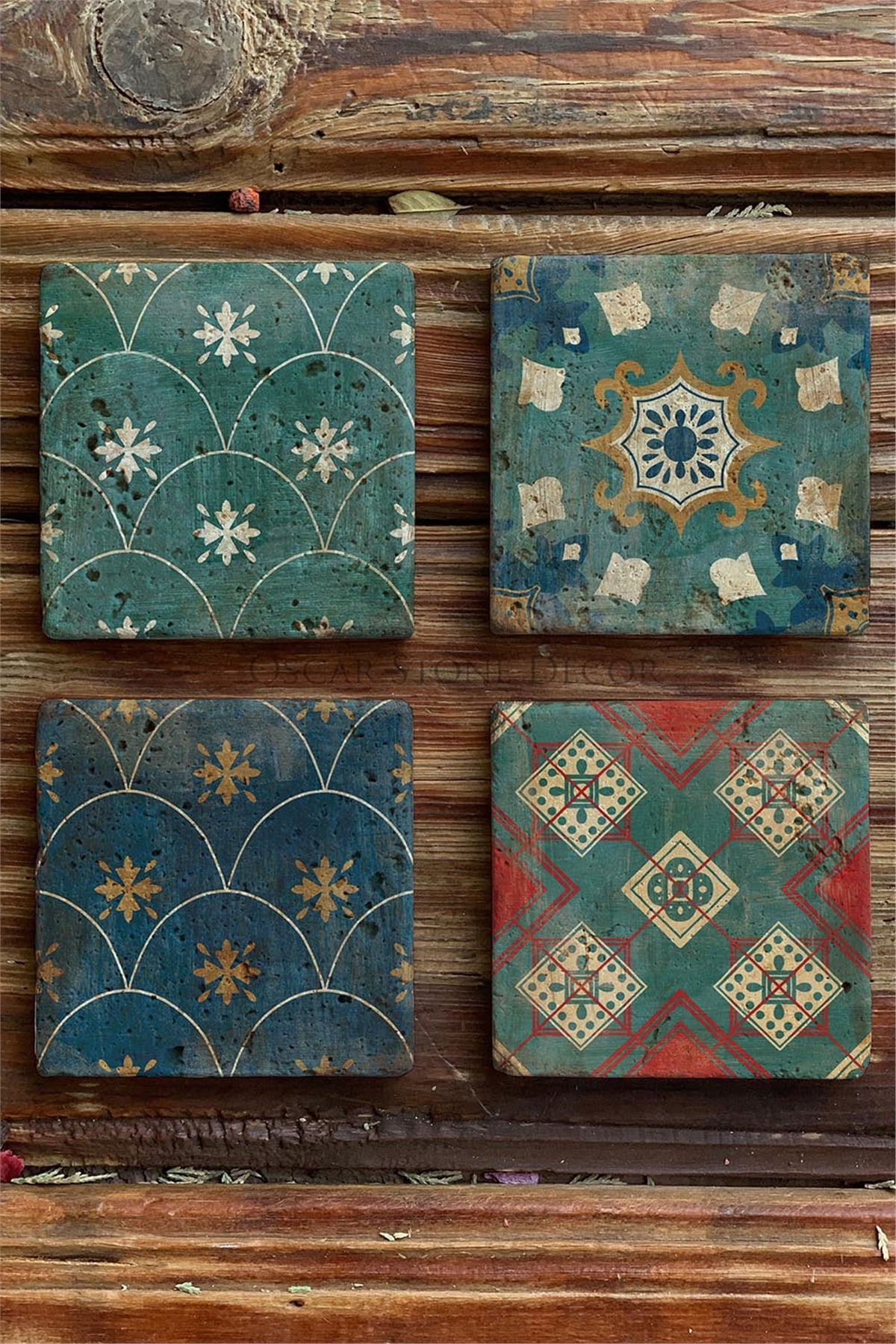 Oscar Stone Decor Baskılı Doğaltaş Bardak Altlığı 4'lü Set Desen Tile