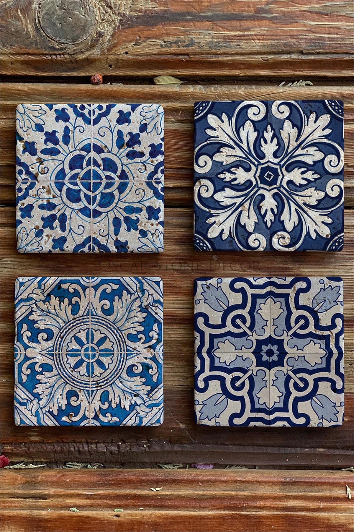 Oscar Stone Decor Baskılı Doğaltaş Bardak Altlığı 4'lü Set Desen Tile