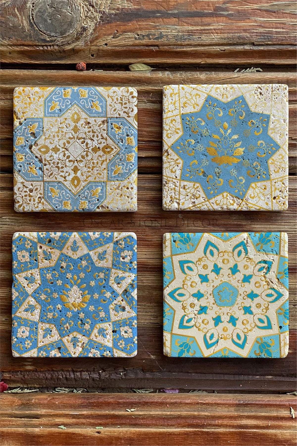 Oscar Stone Decor Baskılı Doğaltaş Bardak Altlığı 4'lü Set Desen Tile