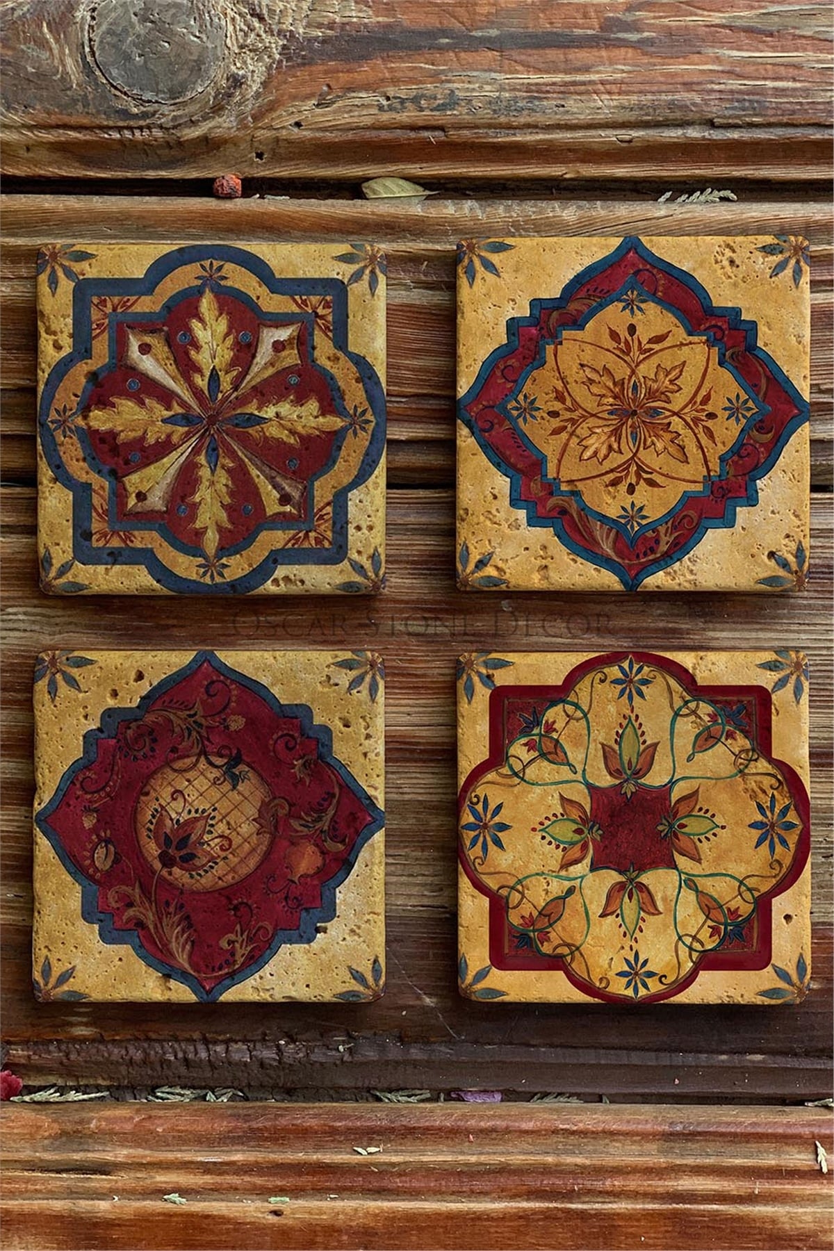 Oscar Stone Decor Baskılı Doğaltaş Bardak Altlığı 4'lü Set Desen Tile