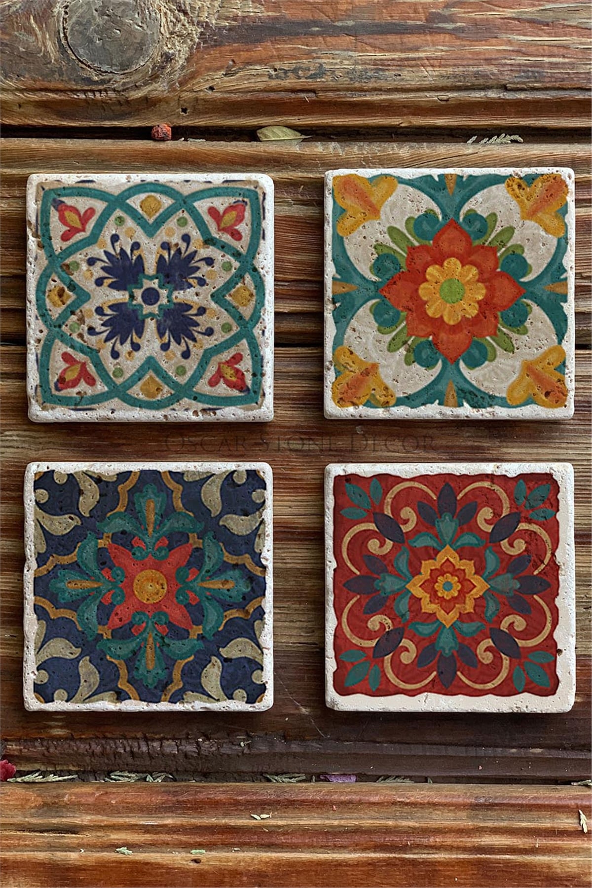 Oscar Stone Decor Baskılı Doğaltaş Bardak Altlığı 4'lü Set Desen Tile