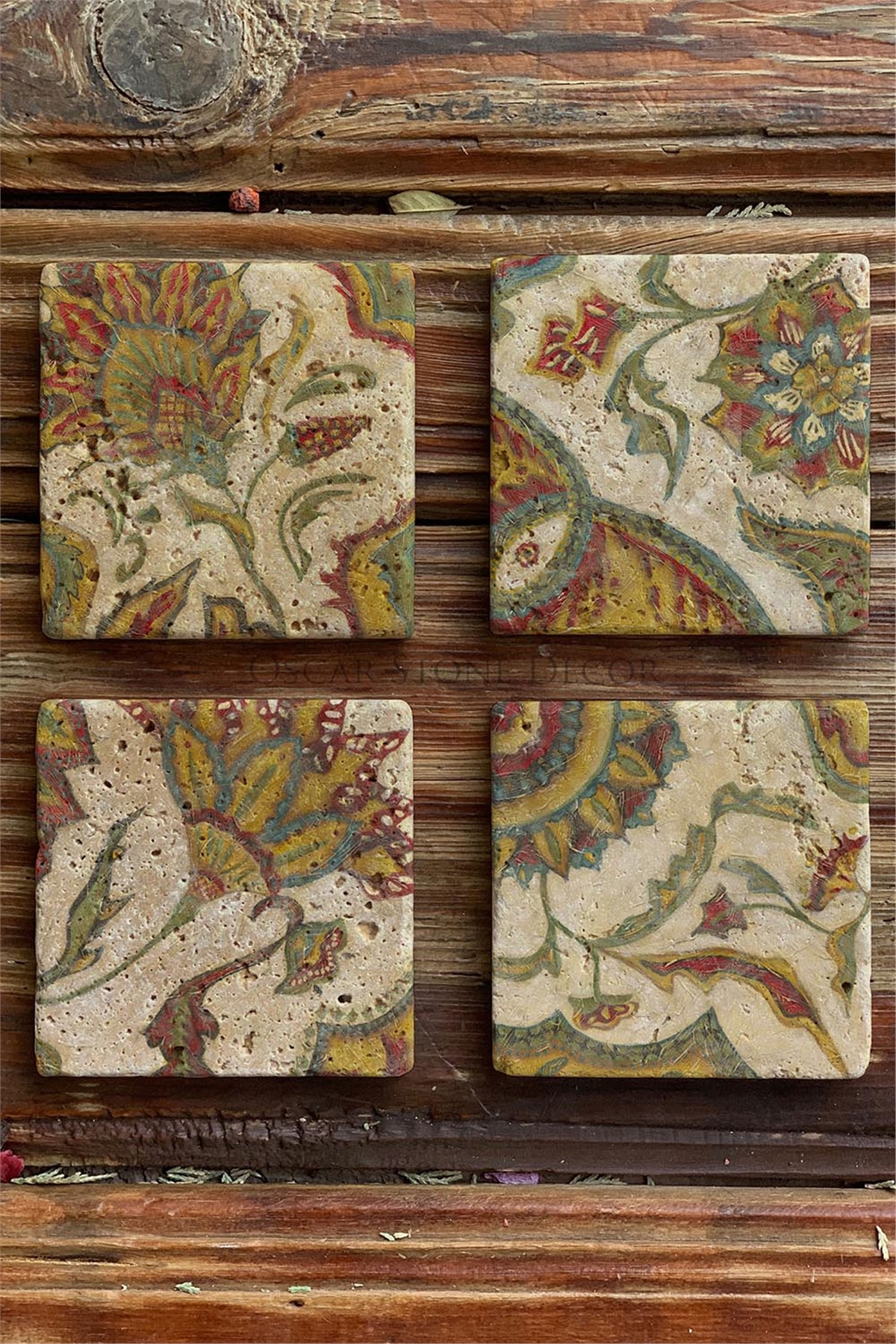 Oscar Stone Decor Baskılı Doğaltaş Bardak Altlığı 4'lü Set Desen Tile