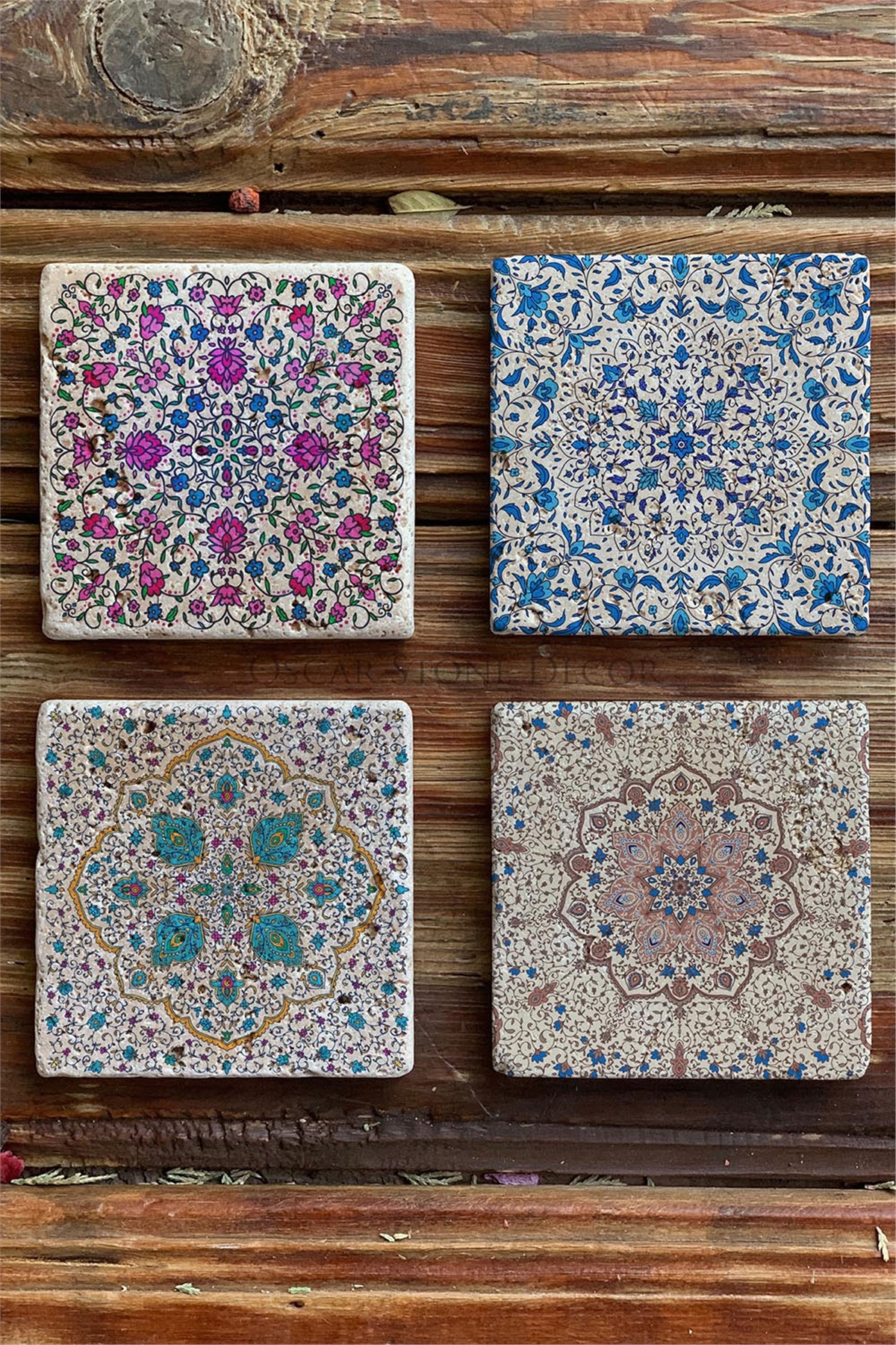 Oscar Stone Decor Baskılı Doğaltaş Bardak Altlığı 4'lü Set Desen Tile