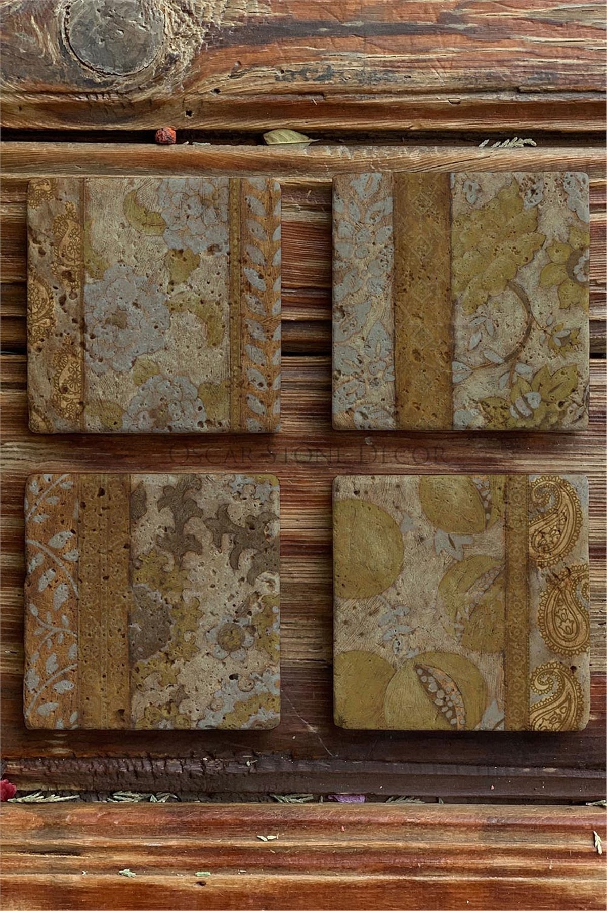 Oscar Stone Decor Baskılı Doğaltaş Bardak Altlığı 4'lü Set Desen Tile