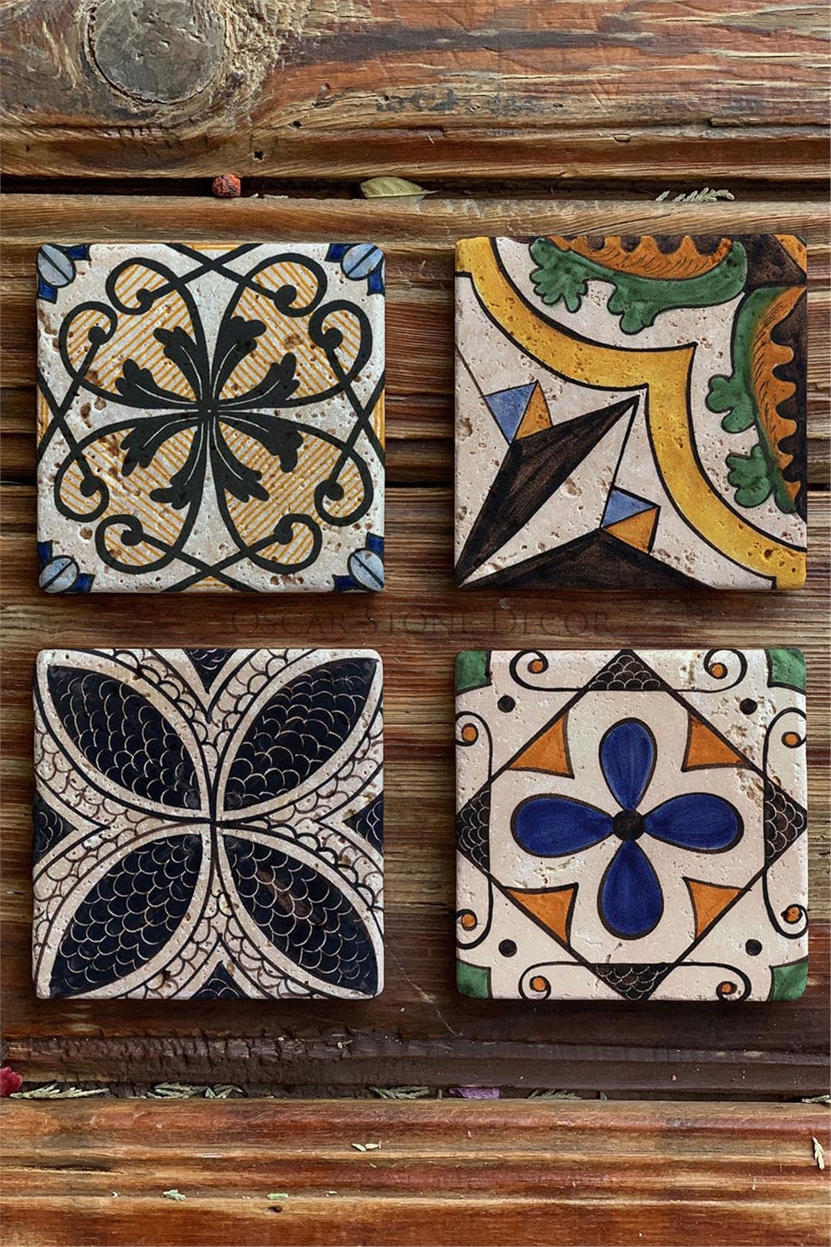 Oscar Stone Decor Baskılı Doğaltaş Bardak Altlığı 4'lü Set Desen Tile