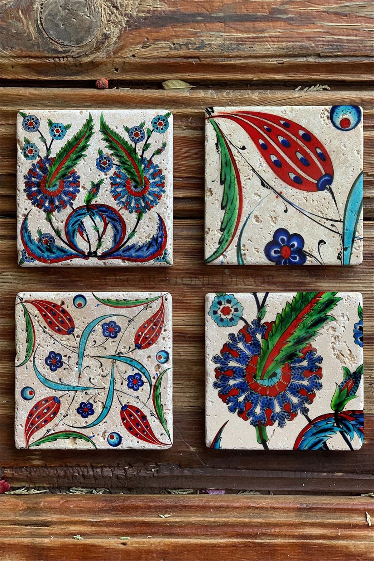Oscar Stone Decor Baskılı Doğaltaş Bardak Altlığı 4'lü Set Desen Tile