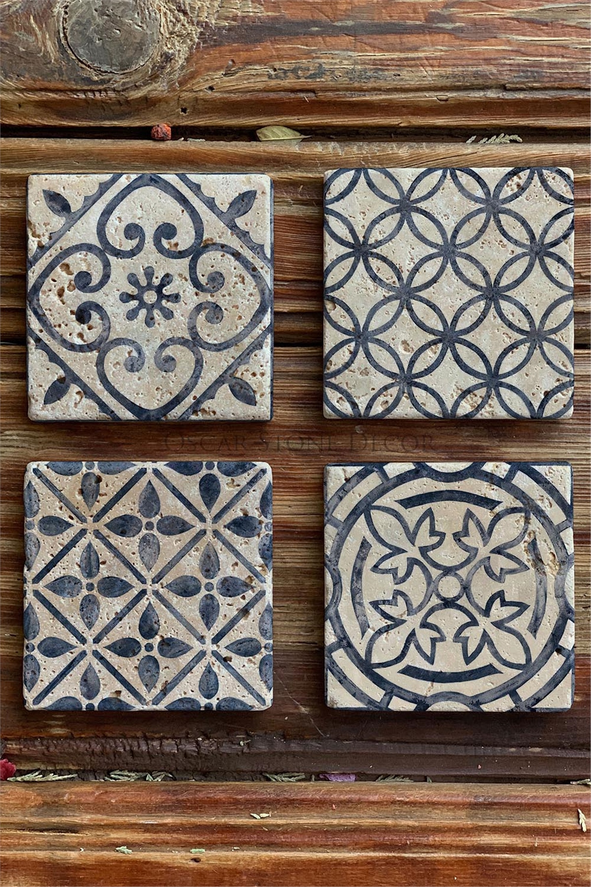 Oscar Stone Decor Baskılı Doğaltaş Bardak Altlığı 4'lü Set Desen Tile