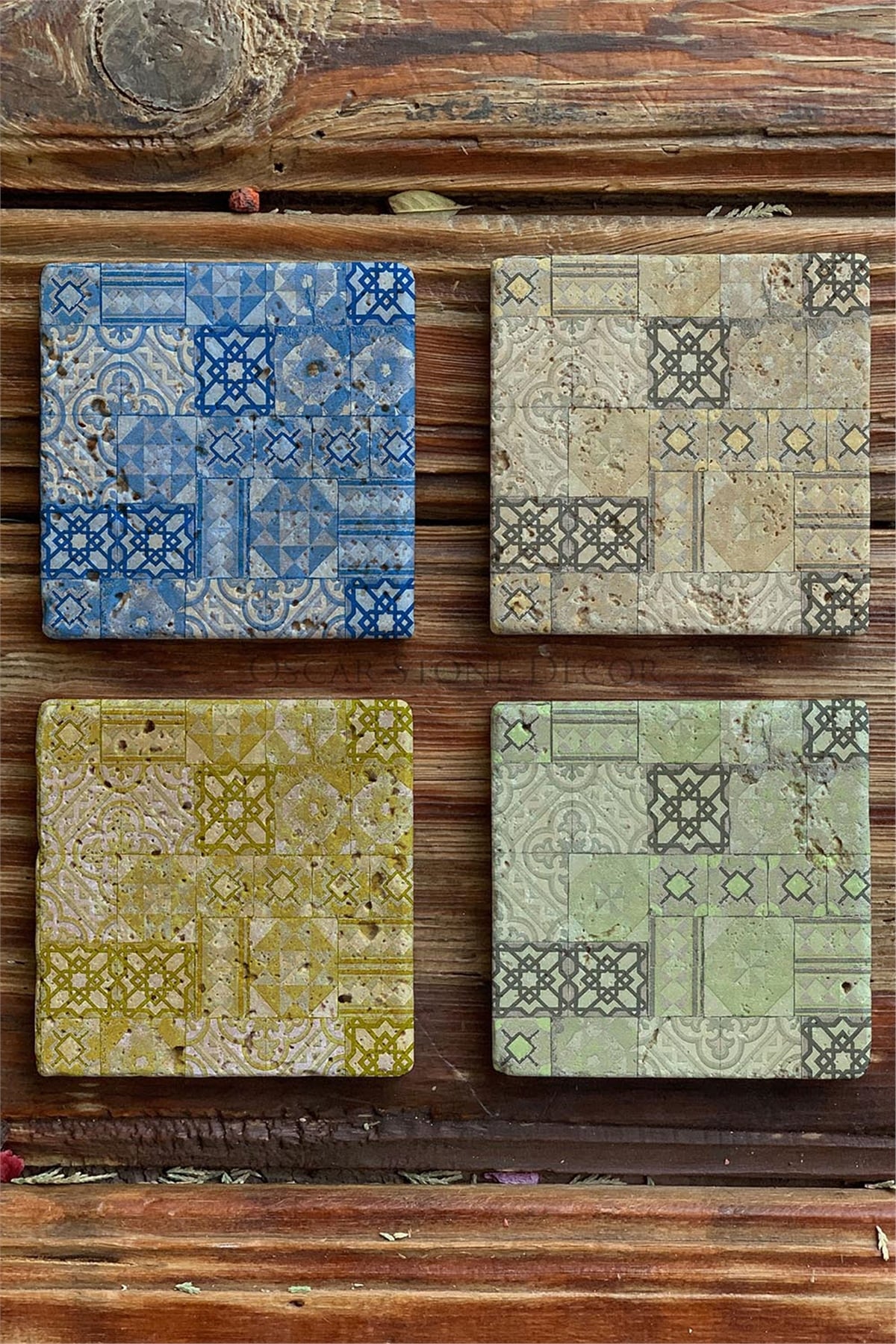 Oscar Stone Decor Baskılı Doğaltaş Bardak Altlığı 4'lü Set Desen Tile