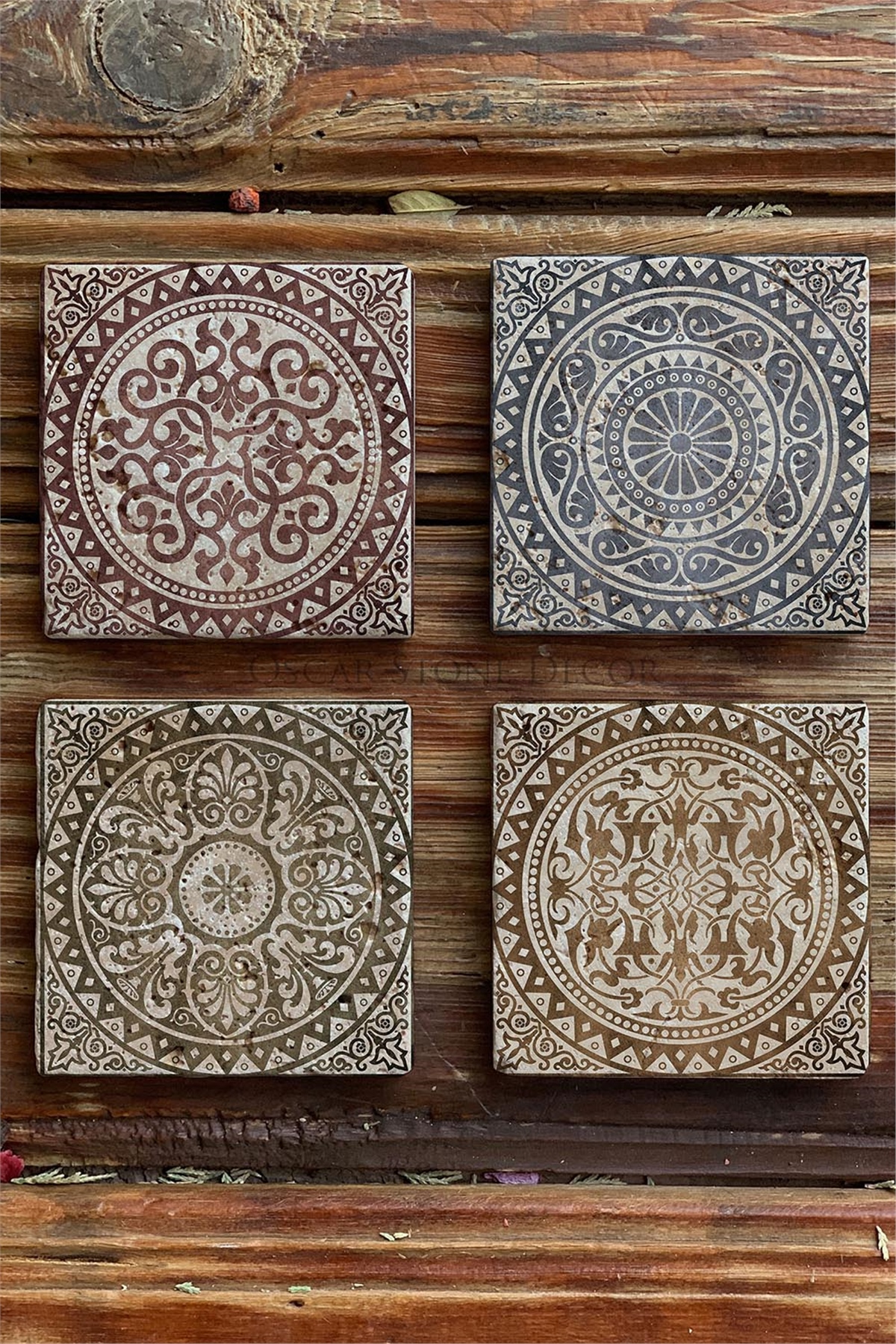 Oscar Stone Decor Baskılı Doğaltaş Bardak Altlığı 4'lü Set Desen Tile