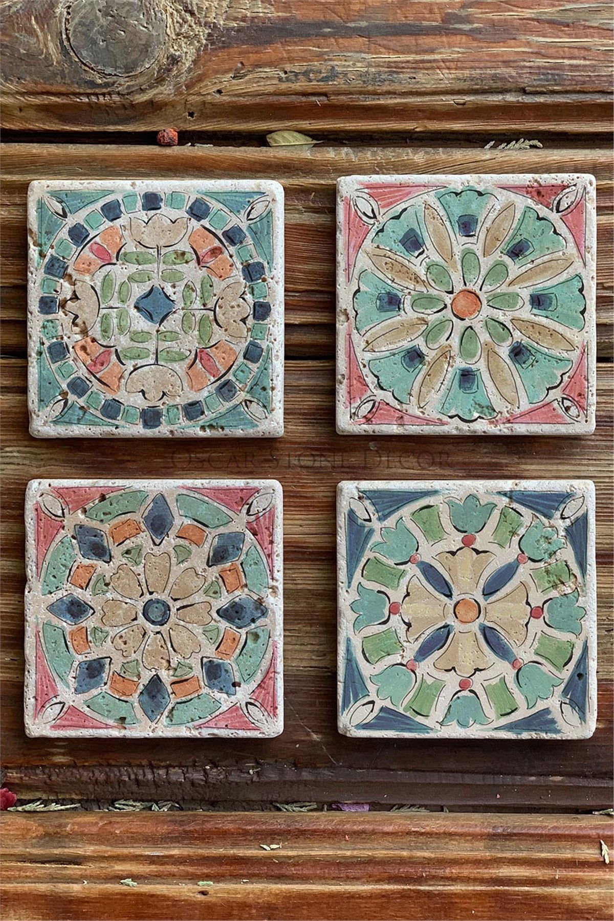 Oscar Stone Decor Baskılı Doğaltaş Bardak Altlığı 4'lü Set Desen Tile