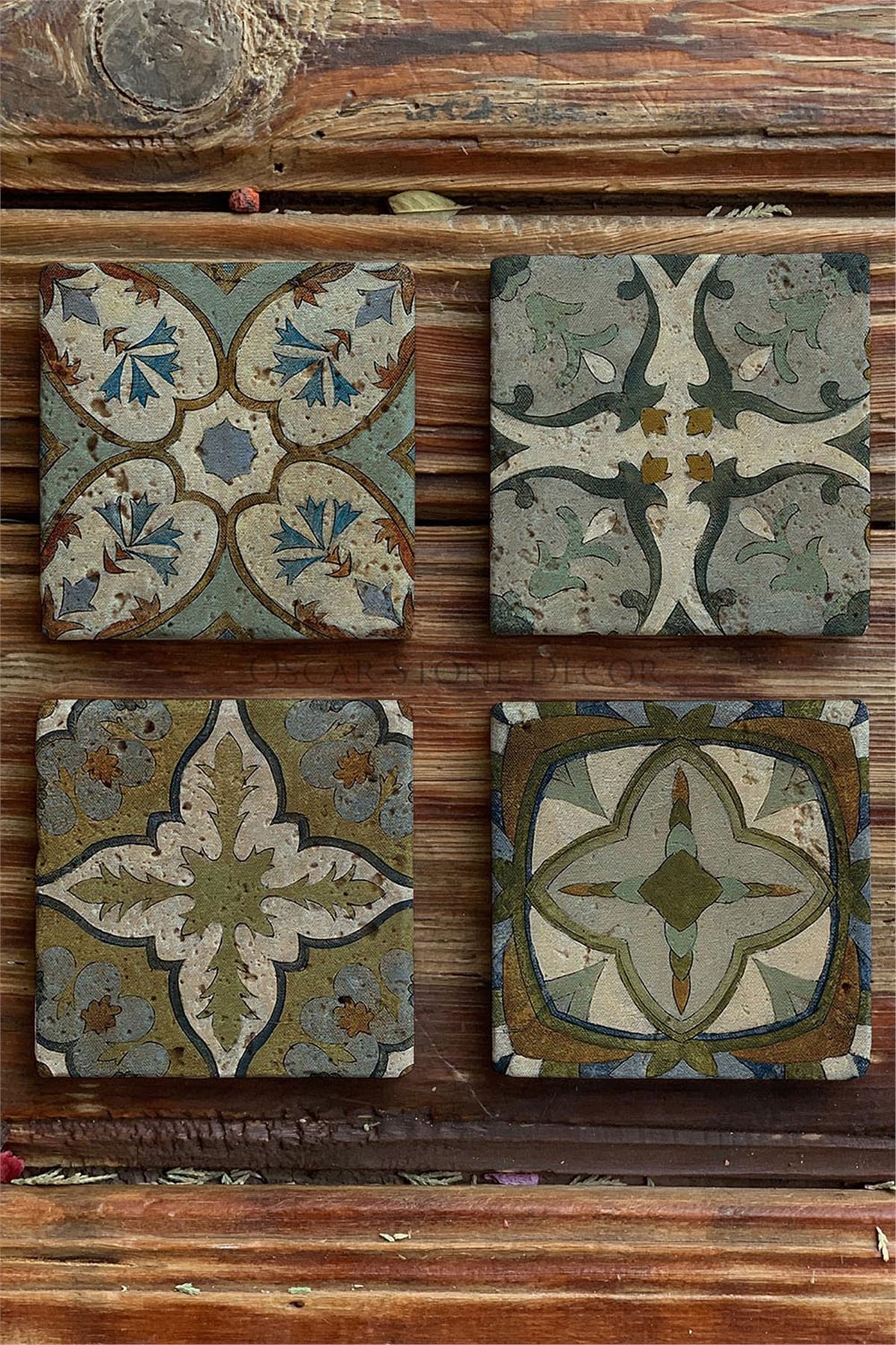 Oscar Stone Decor Baskılı Doğaltaş Bardak Altlığı 4'lü Set Desen Tile