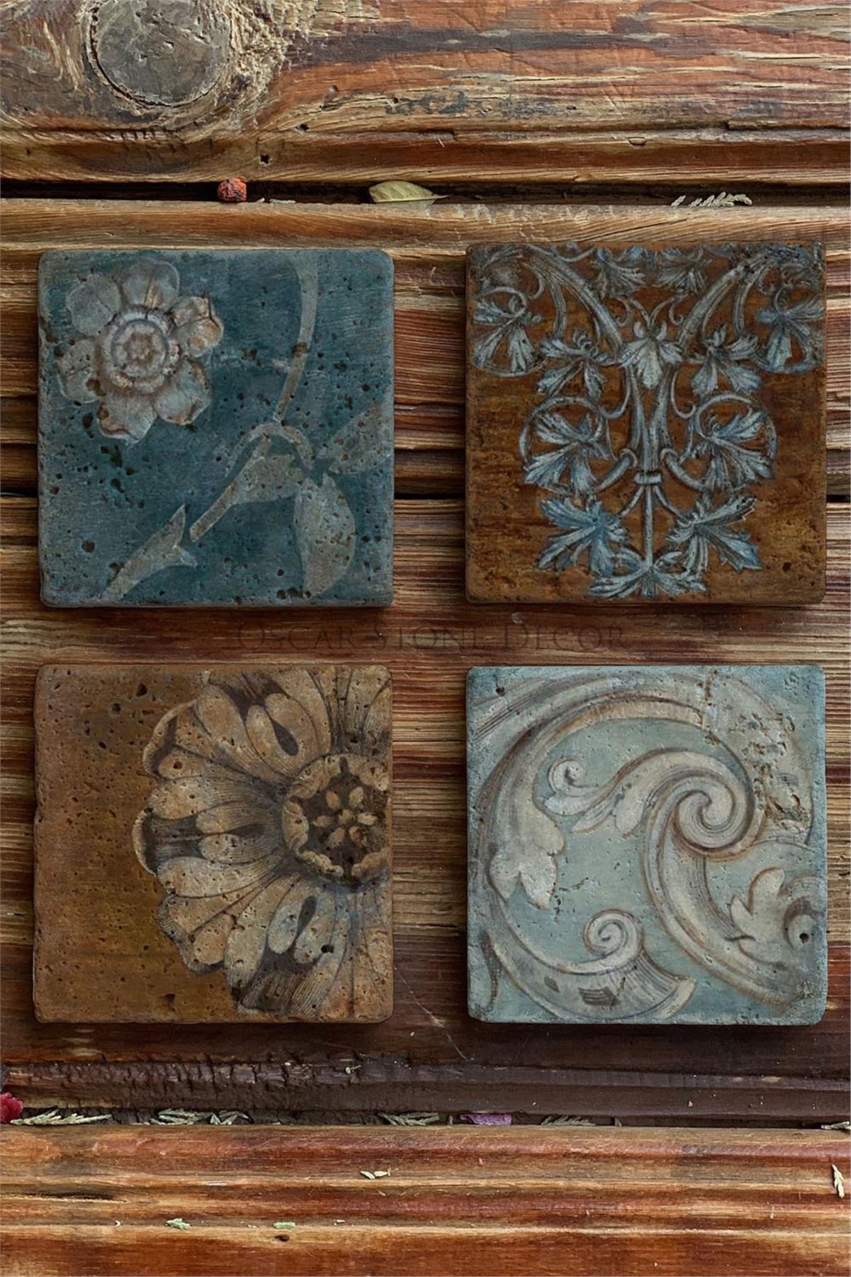 Oscar Stone Decor Baskılı Doğaltaş Bardak Altlığı 4'lü Set Desen Tile