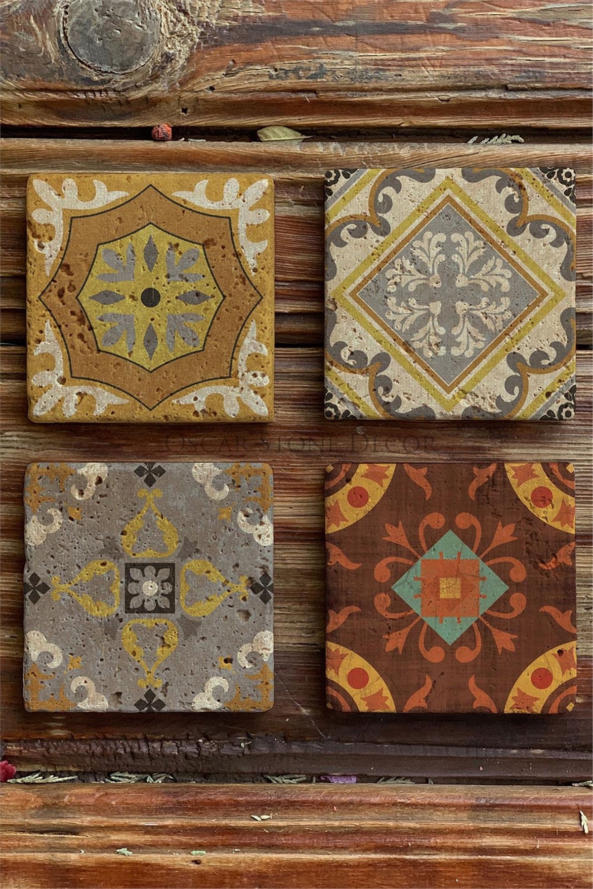 Oscar Stone Decor Baskılı Doğaltaş Bardak Altlığı 4'lü Set Desen Tile