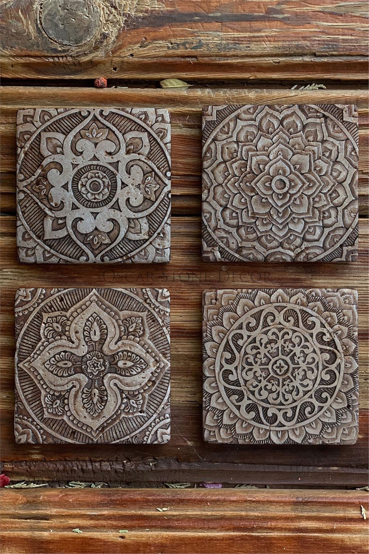 Oscar Stone Decor Baskılı Doğaltaş Bardak Altlığı 4'lü Set Desen Tile