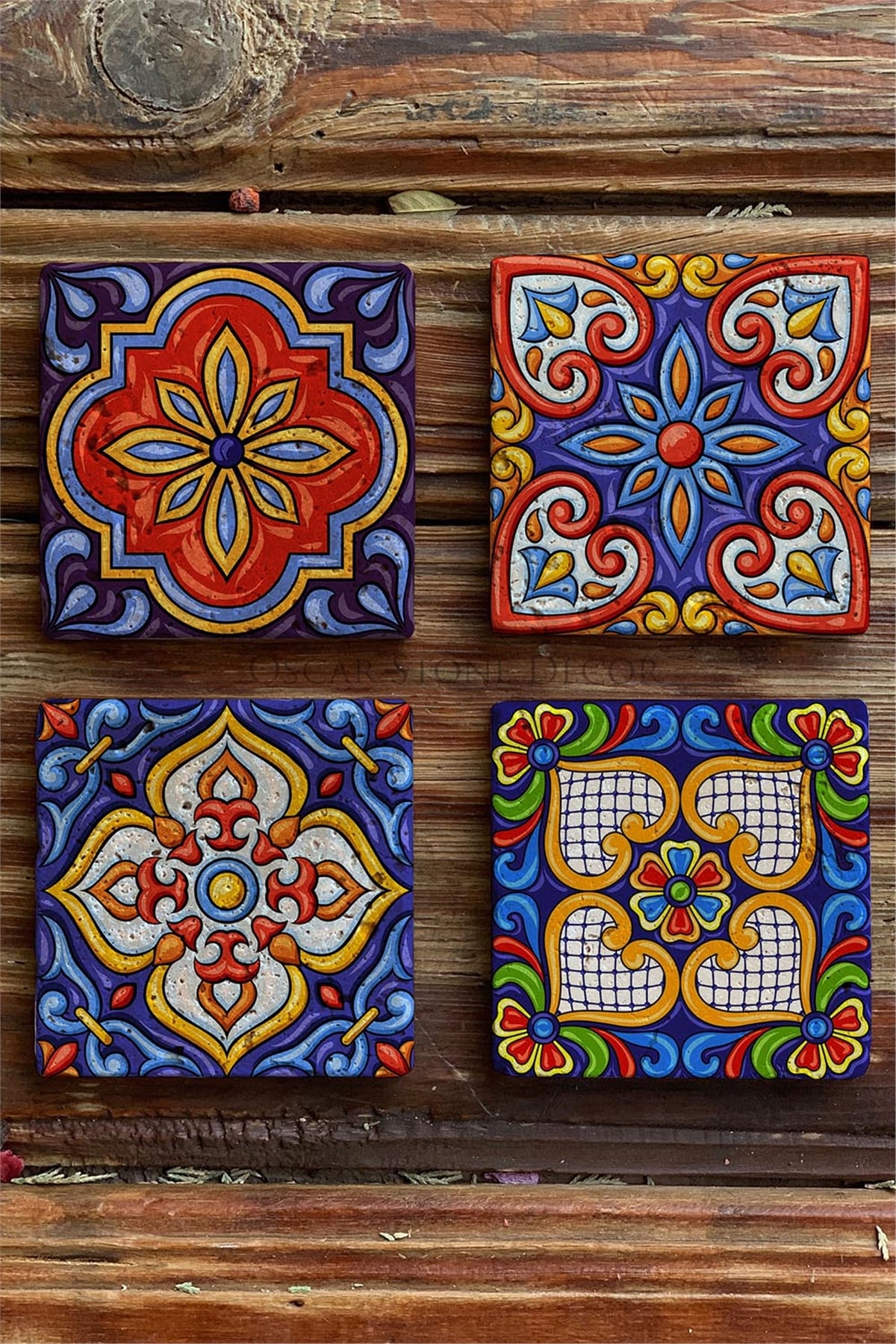 Oscar Stone Decor Baskılı Doğaltaş Bardak Altlığı 4'lü Set Desen Tile