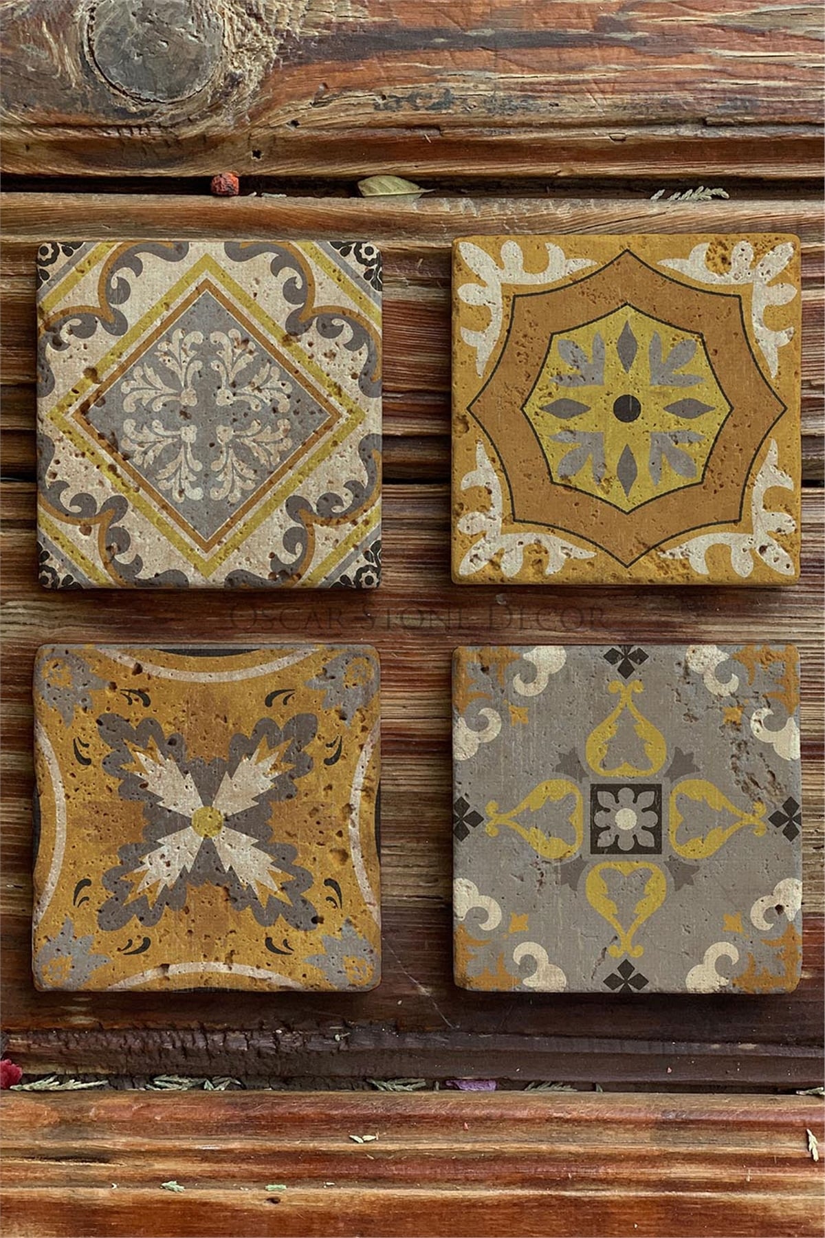 Oscar Stone Decor Baskılı Doğaltaş Bardak Altlığı 4'lü Set Desen Tile