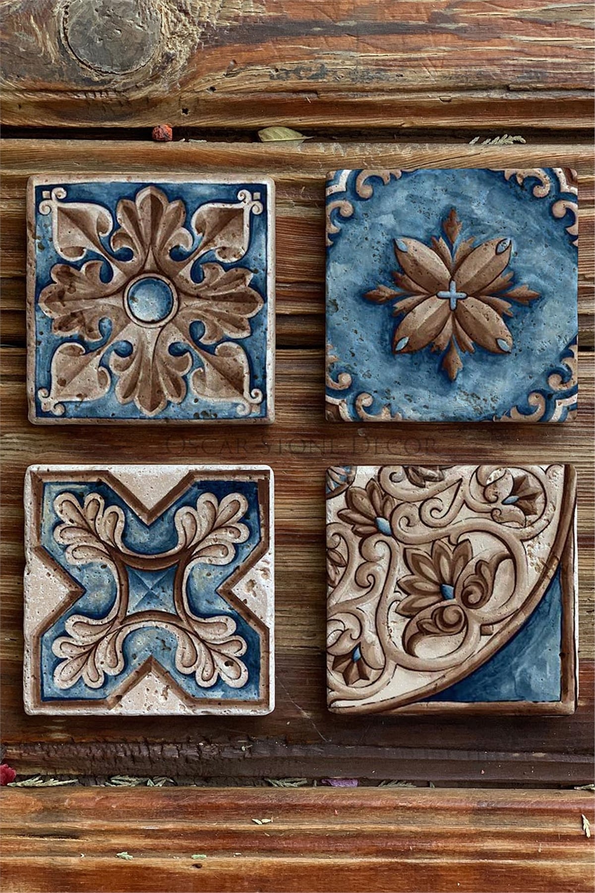 Oscar Stone Decor Baskılı Doğaltaş Bardak Altlığı 4'lü Set Desen Tile