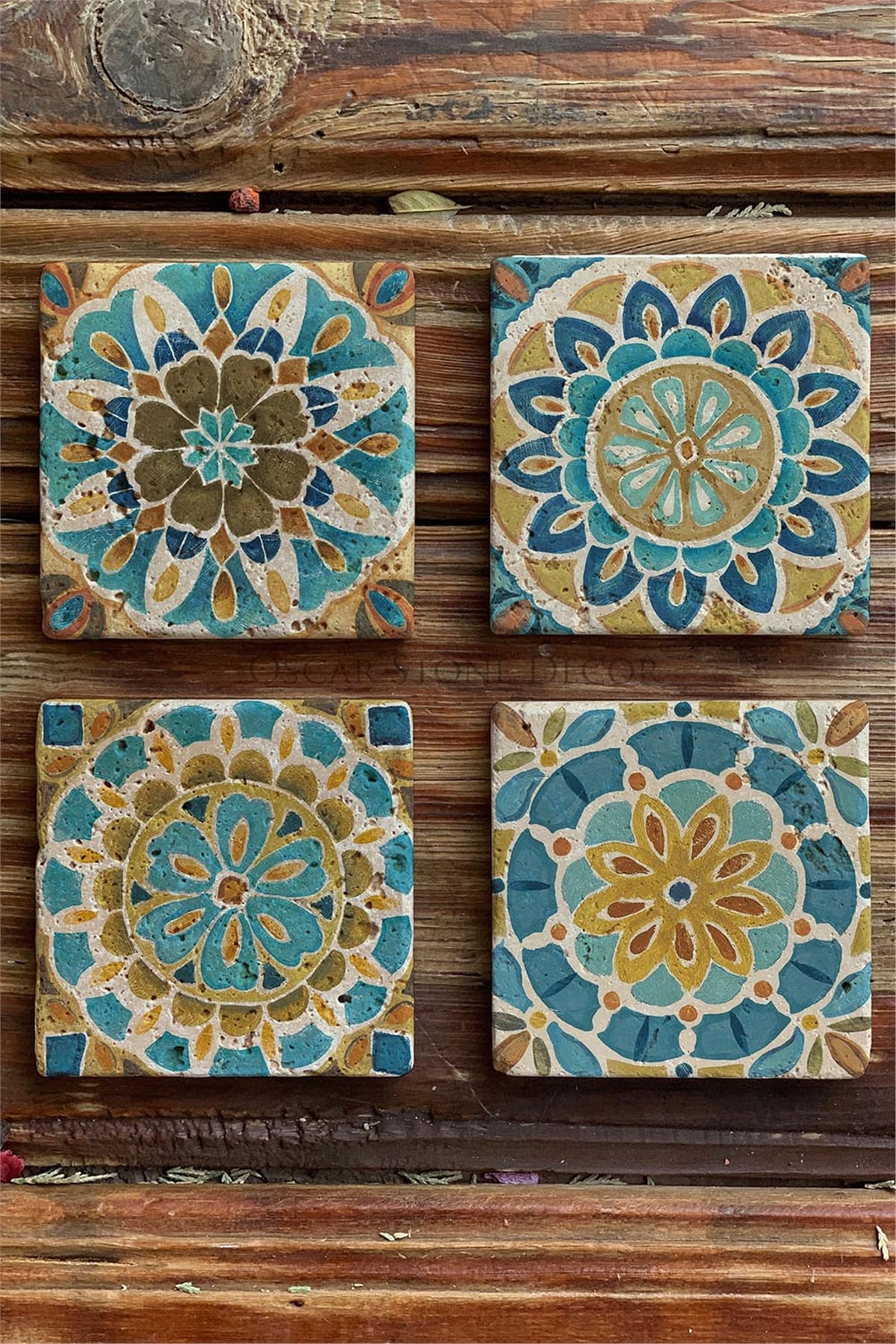 Oscar Stone Decor Baskılı Doğaltaş Bardak Altlığı 4'lü Set Desen Tile