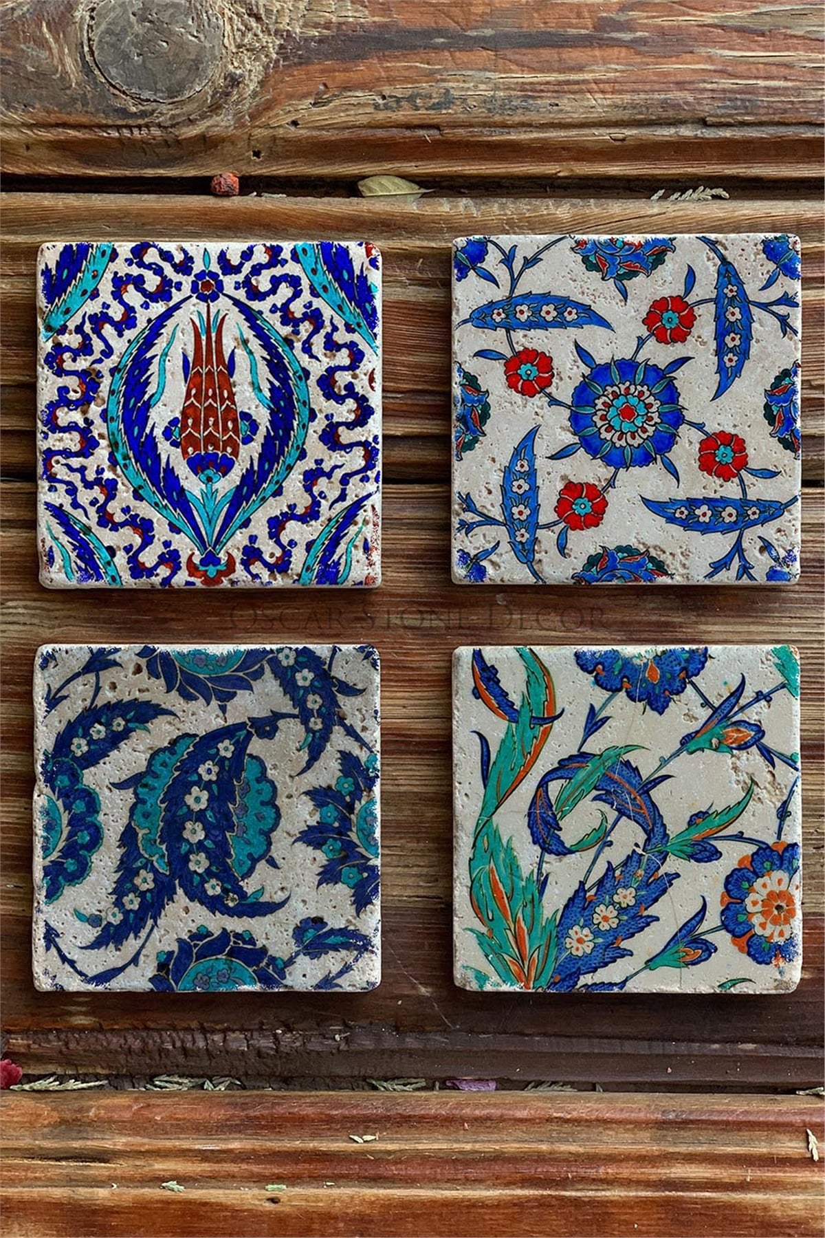 Oscar Stone Decor Baskılı Doğaltaş Bardak Altlığı 4'lü Set Desen Tile
