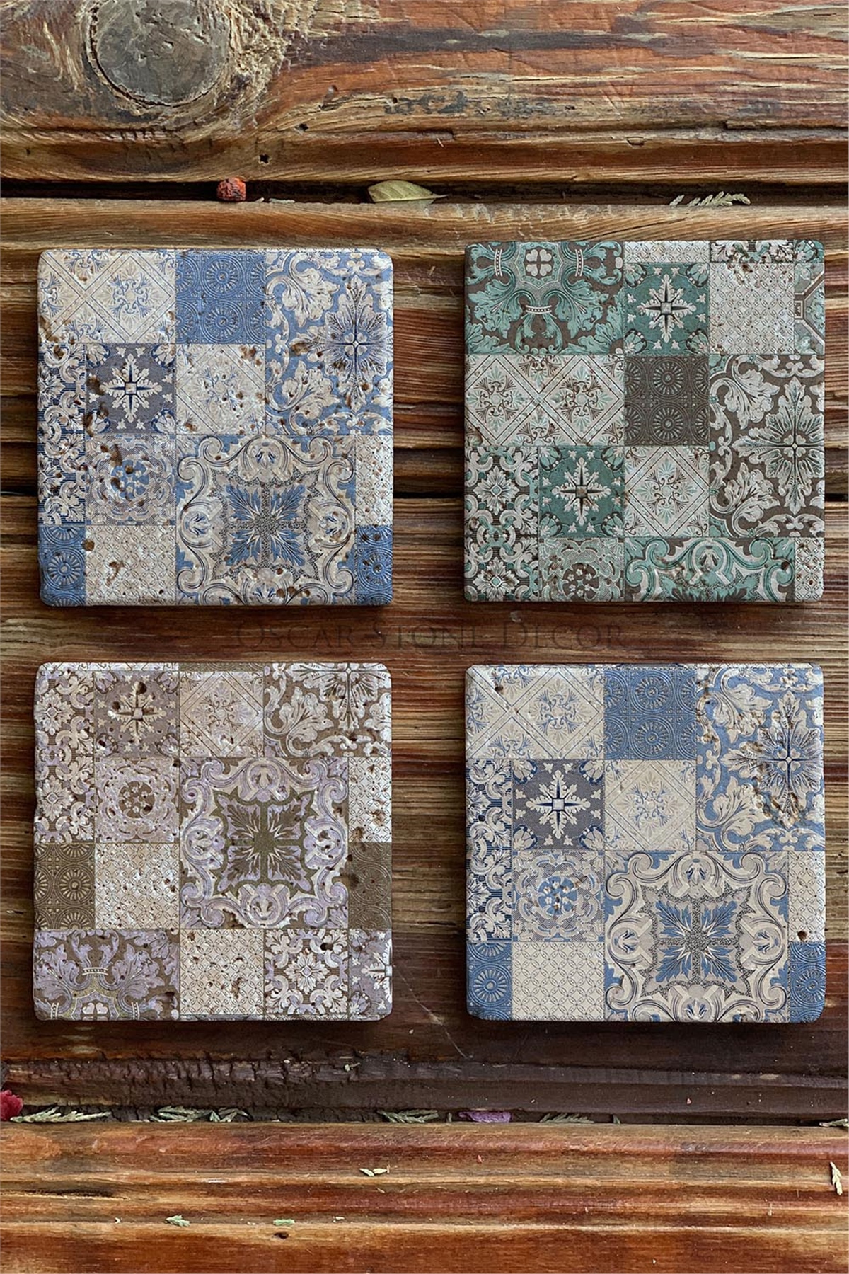 Oscar Stone Decor Baskılı Doğaltaş Bardak Altlığı 4'lü Set Desen Tile