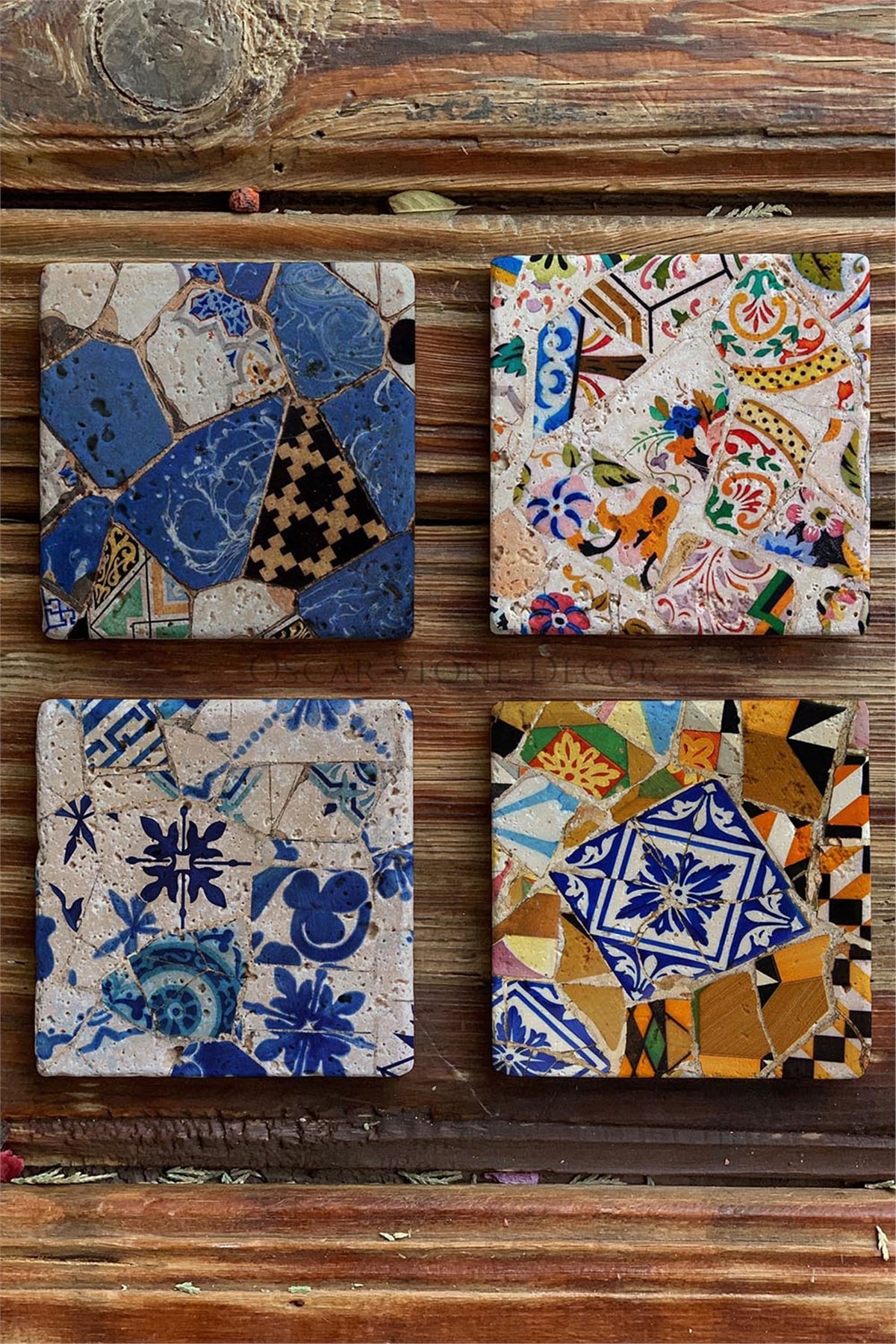 Oscar Stone Decor Baskılı Doğaltaş Bardak Altlığı 4'lü Set Desen Tile