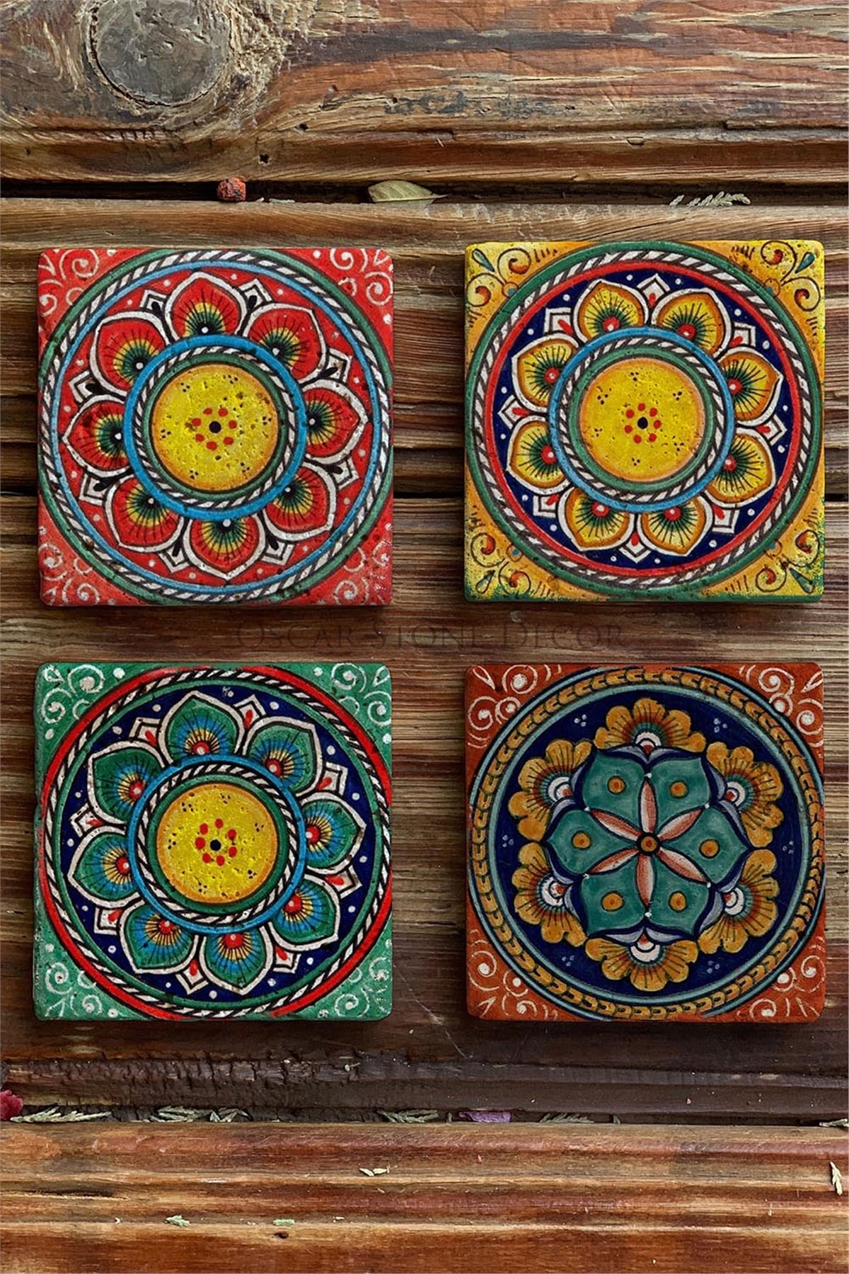 Oscar Stone Decor Baskılı Doğaltaş Bardak Altlığı 4'lü Set Desen Tile