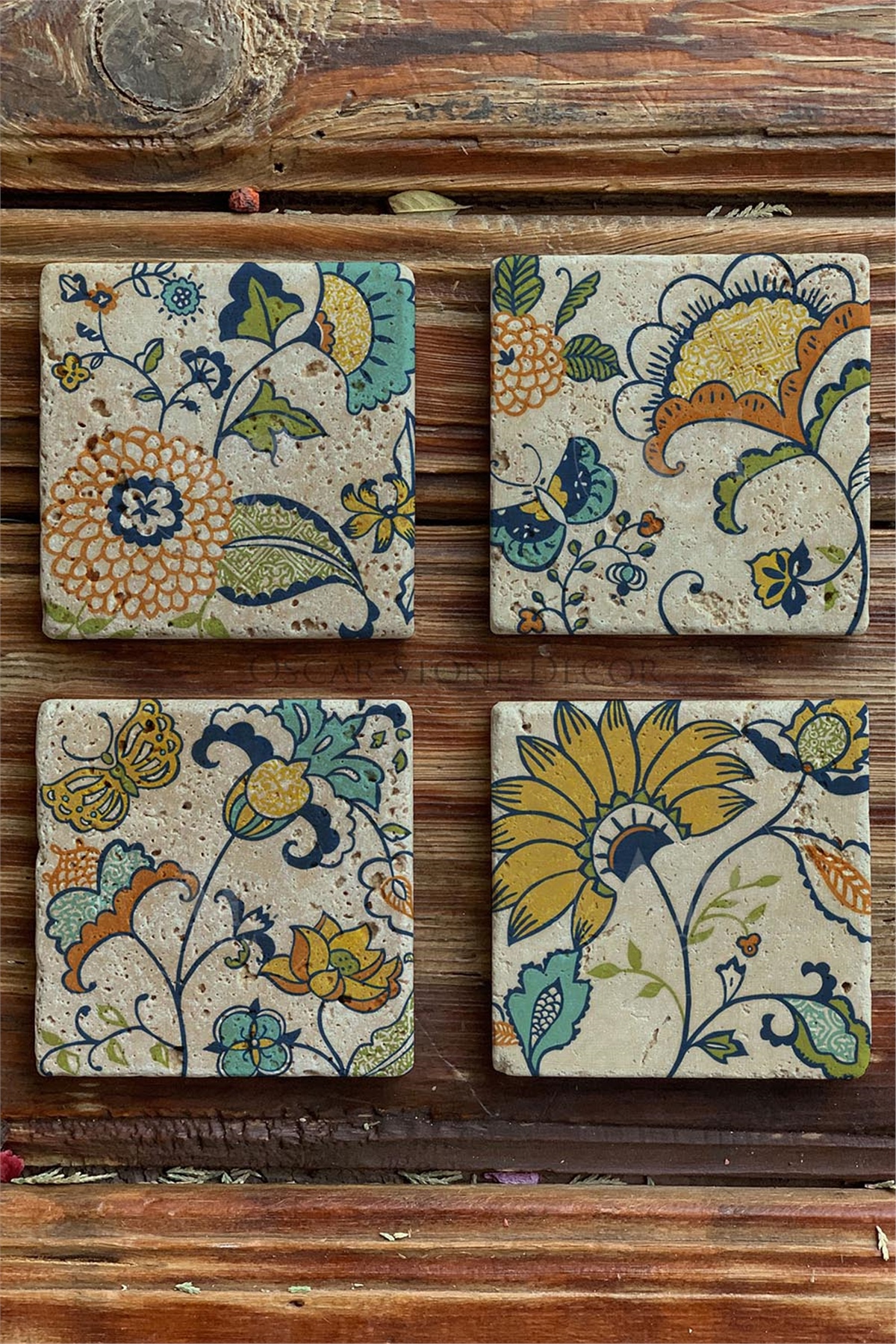 Oscar Stone Decor Baskılı Doğaltaş Bardak Altlığı 4'lü Set Desen Tile