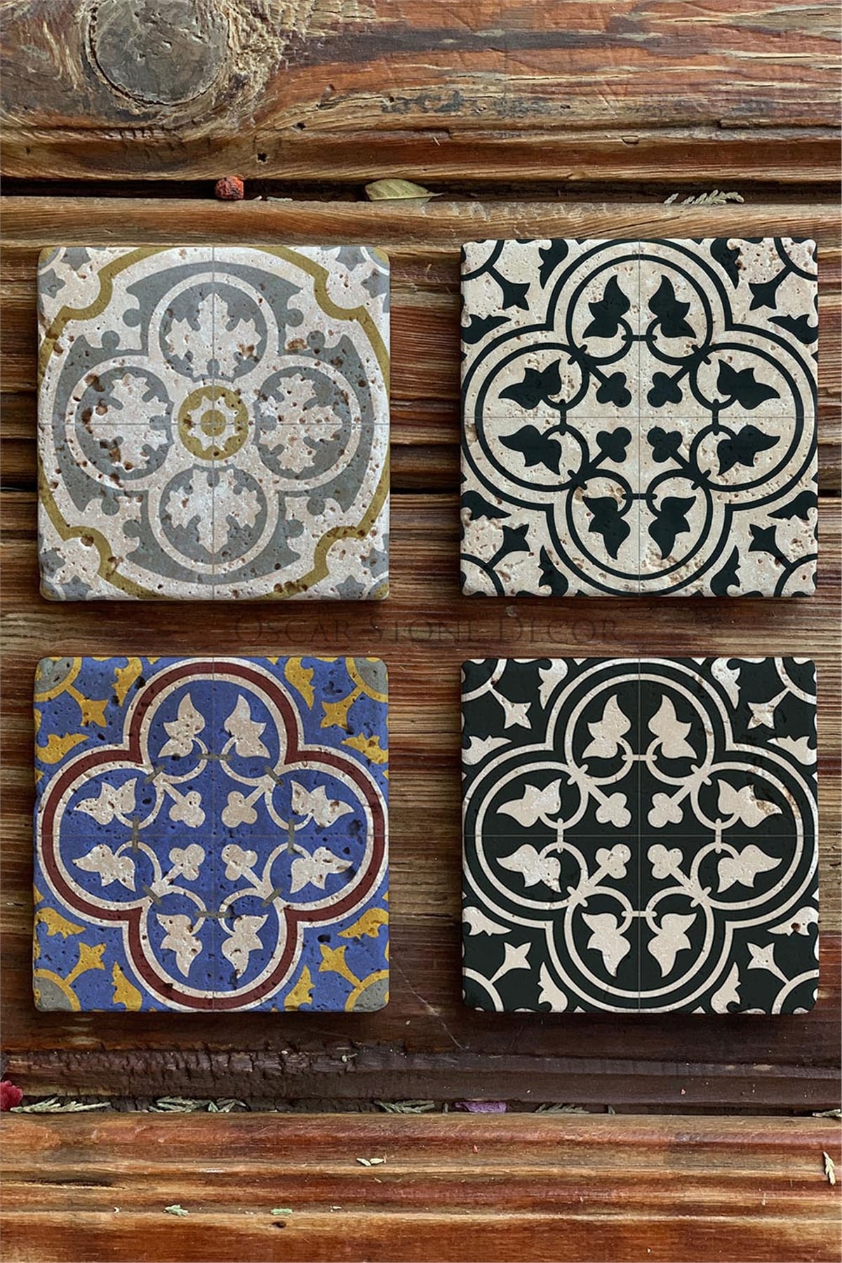 Oscar Stone Decor Baskılı Doğaltaş Bardak Altlığı 4'lü Set Desen Tile