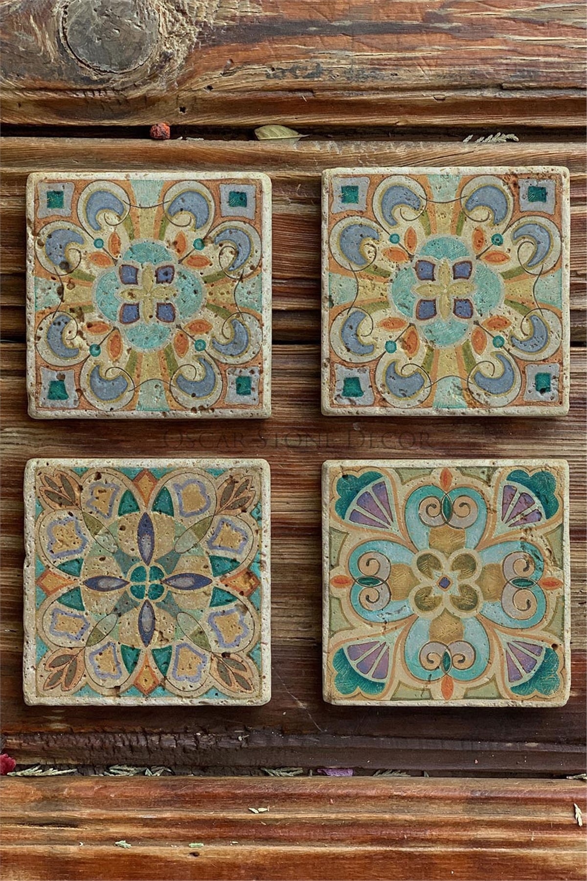 Oscar Stone Decor Baskılı Doğaltaş Bardak Altlığı 4'lü Set Desen Tile