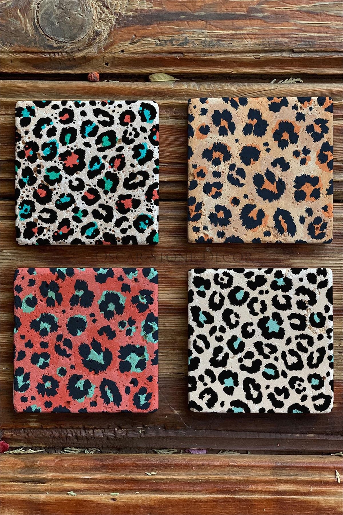 Oscar Stone Decor Baskılı Doğaltaş Bardak Altlığı 4'lü Set Desen Tile