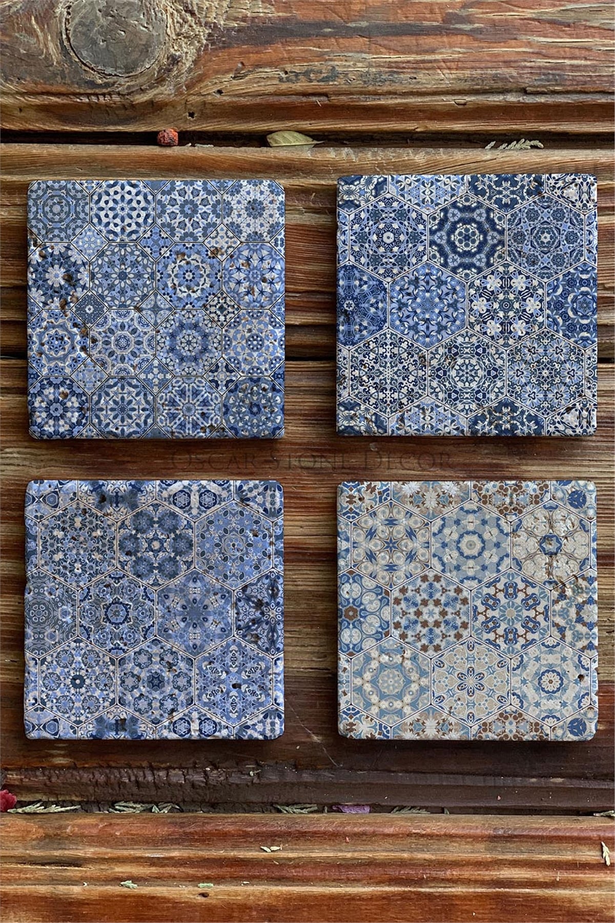 Oscar Stone Decor Baskılı Doğaltaş Bardak Altlığı 4'lü Set Desen Tile