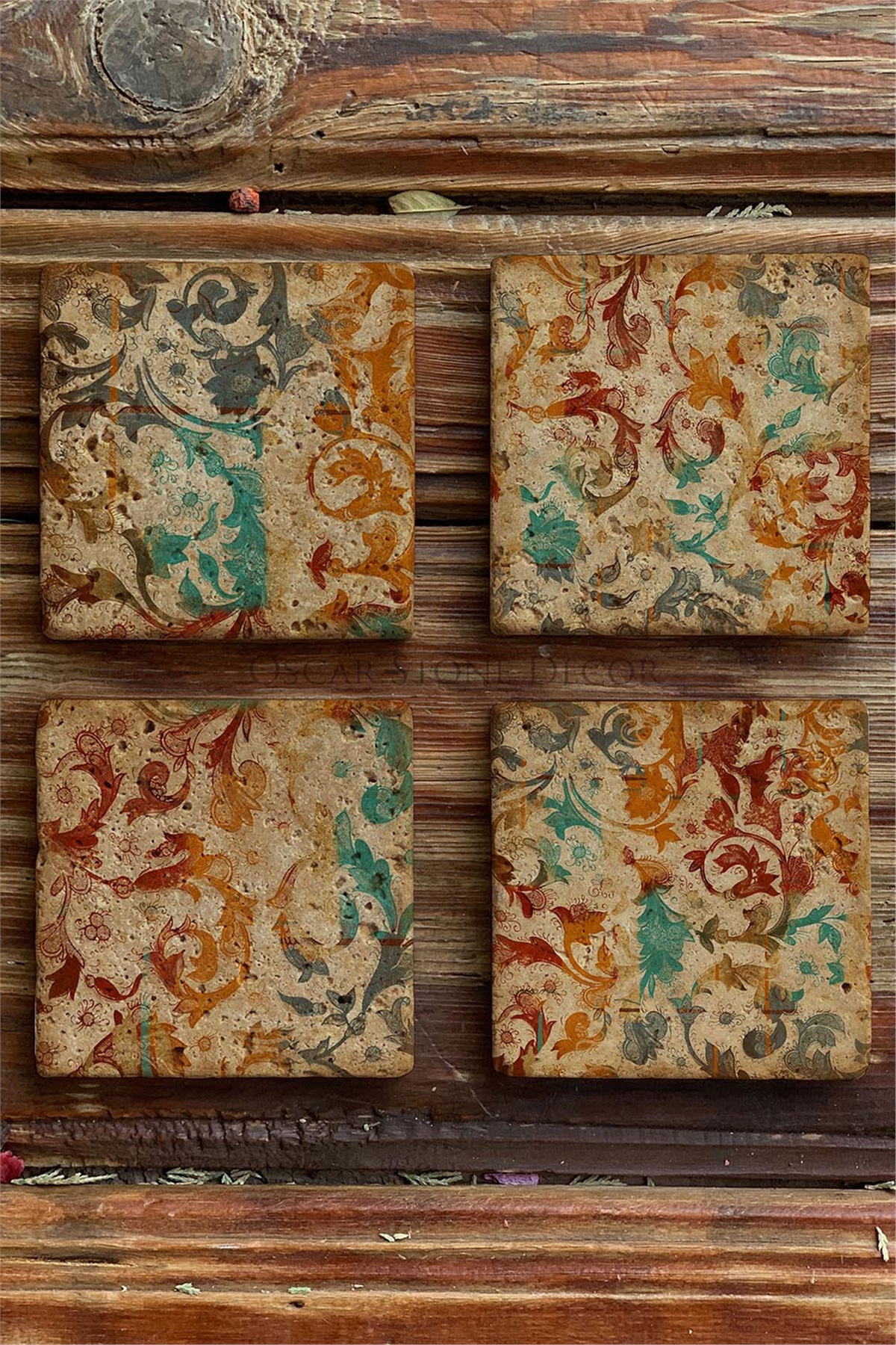 Oscar Stone Decor Baskılı Doğaltaş Bardak Altlığı 4'lü Set Desen Tile