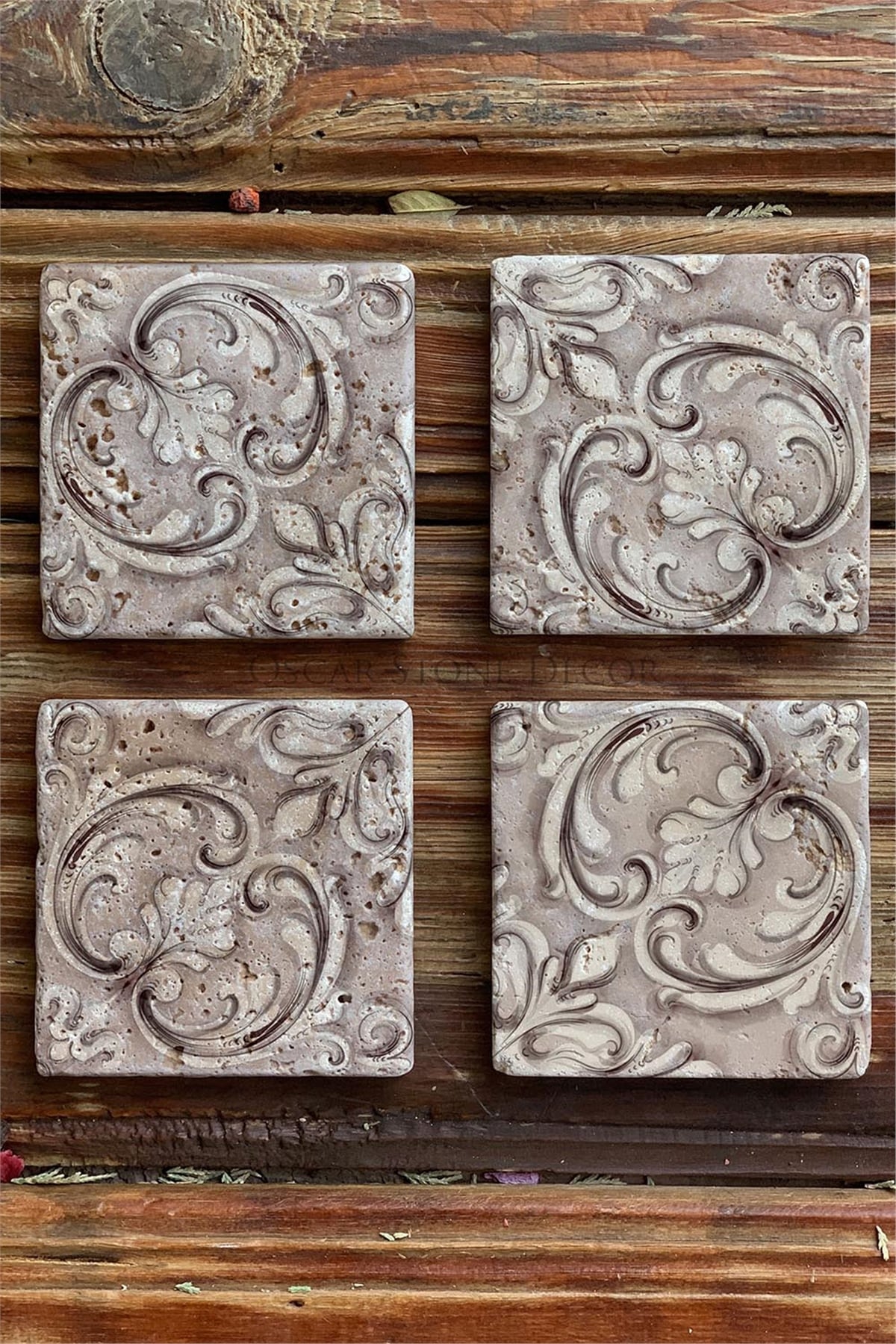 Oscar Stone Decor Baskılı Doğaltaş Bardak Altlığı 4'lü Set Desen Tile