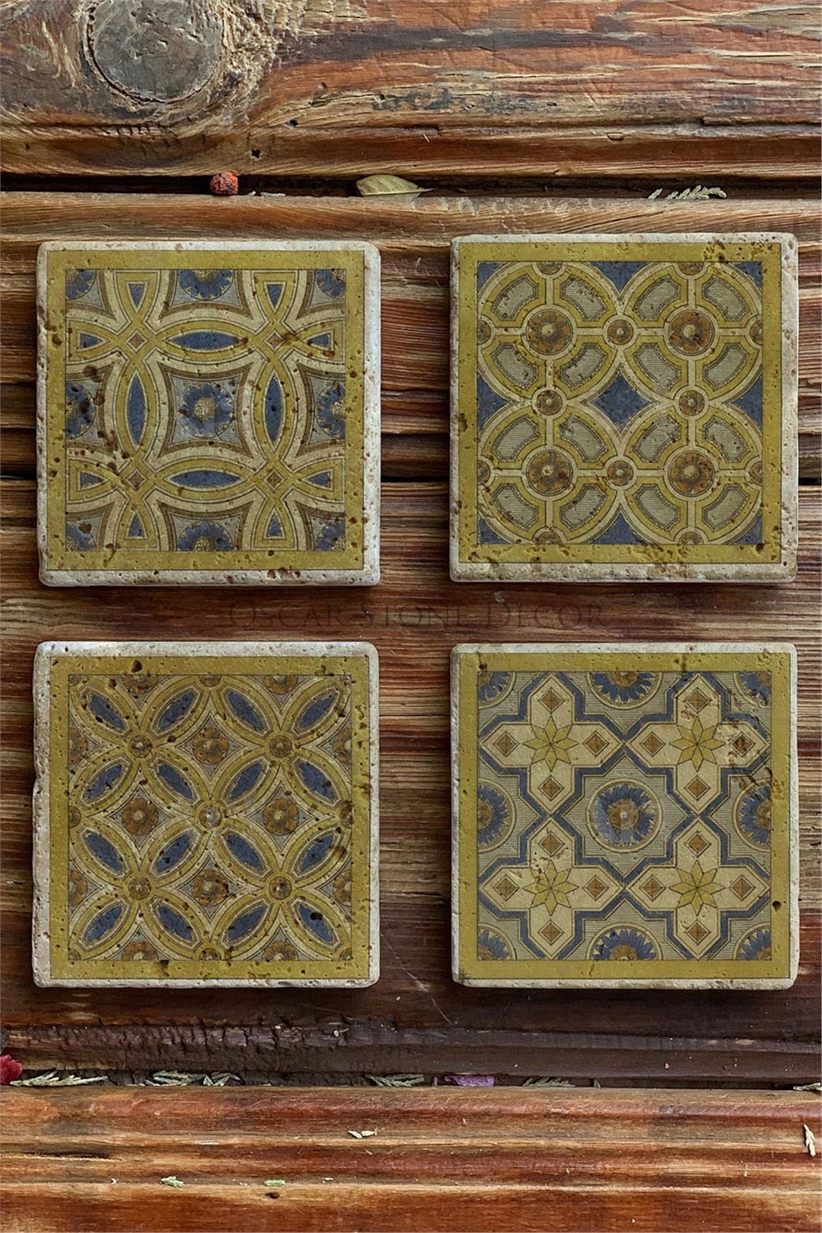 Oscar Stone Decor Baskılı Doğaltaş Bardak Altlığı 4'lü Set Desen Tile