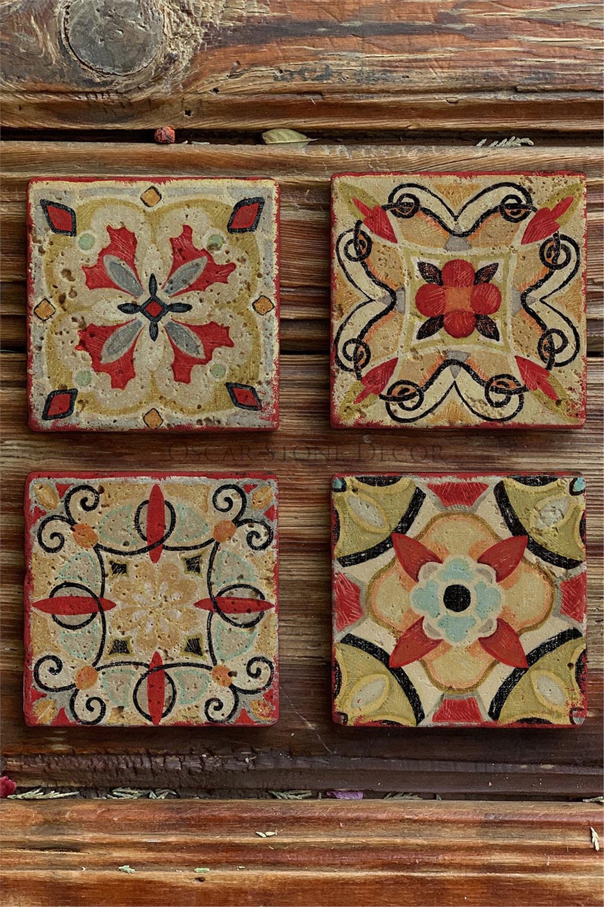Oscar Stone Decor Baskılı Doğaltaş Bardak Altlığı 4'lü Set Desen Tile