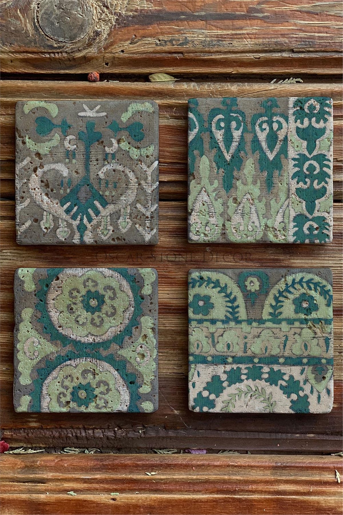 Oscar Stone Decor Baskılı Doğaltaş Bardak Altlığı 4'lü Set Desen Tile
